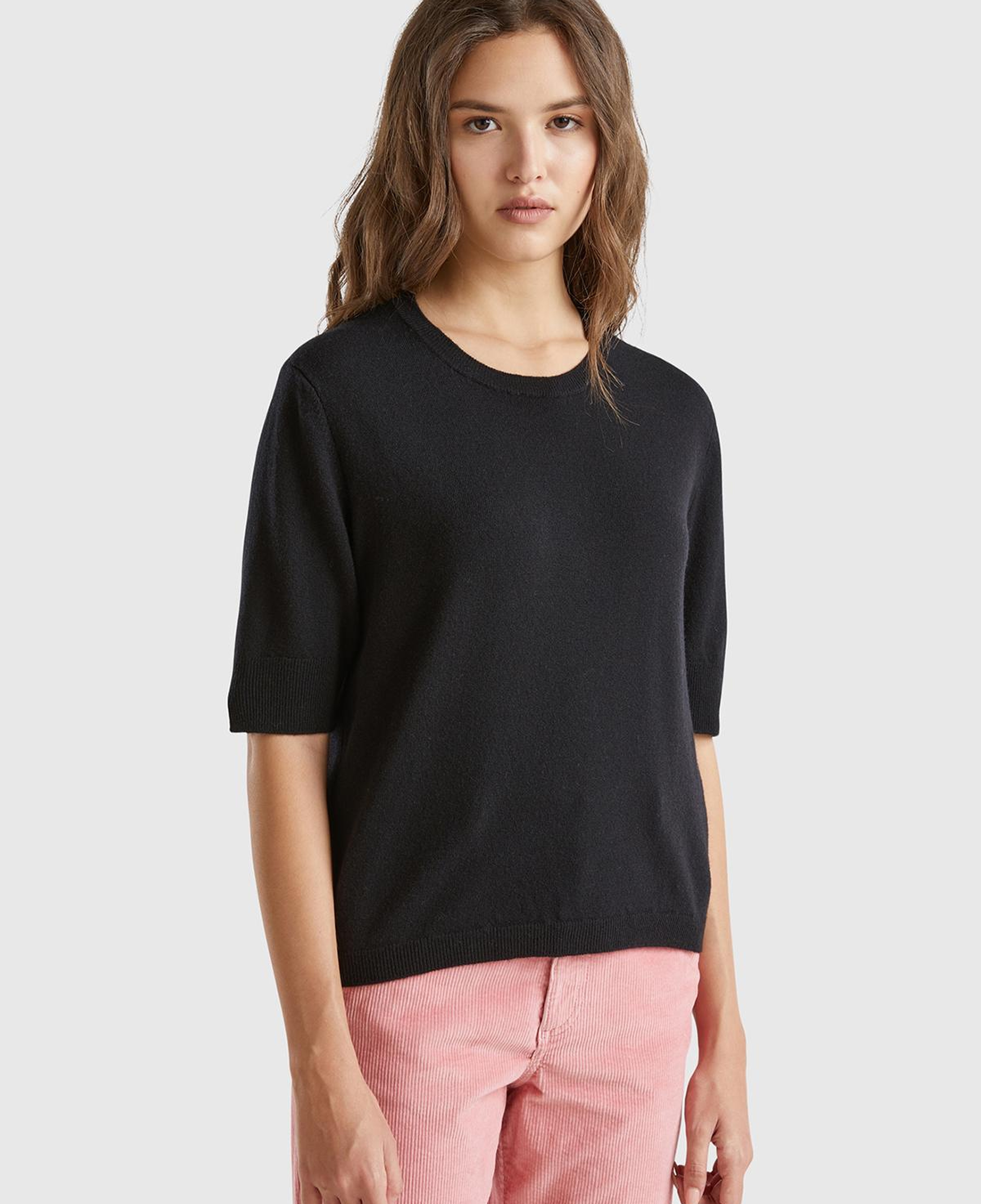 Kadın Siyah %100 Merino Bisiklet Yaka  Kısa Kollu Kazak