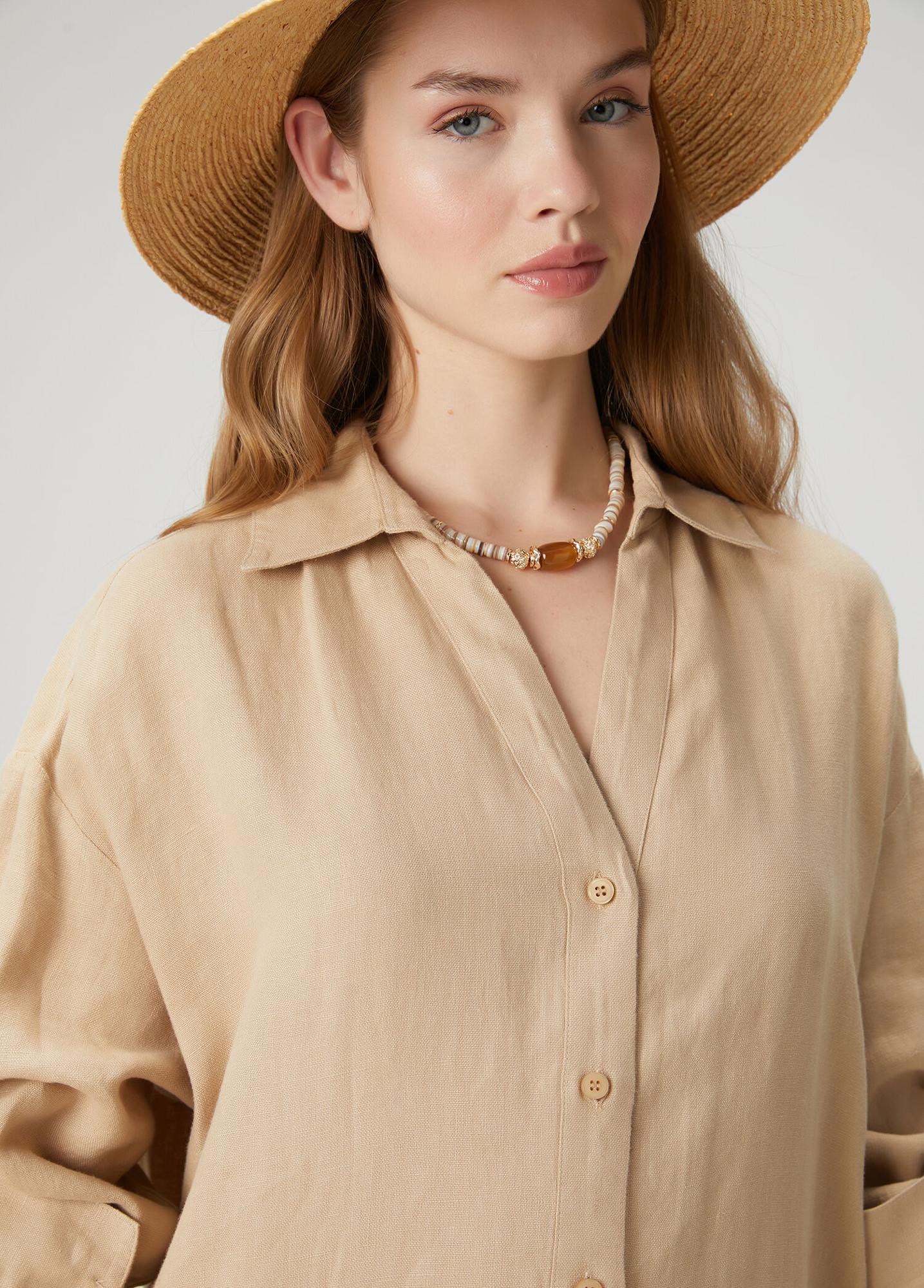 Beymen Club Kadın Bej Midi Keten Gömlek Elbise