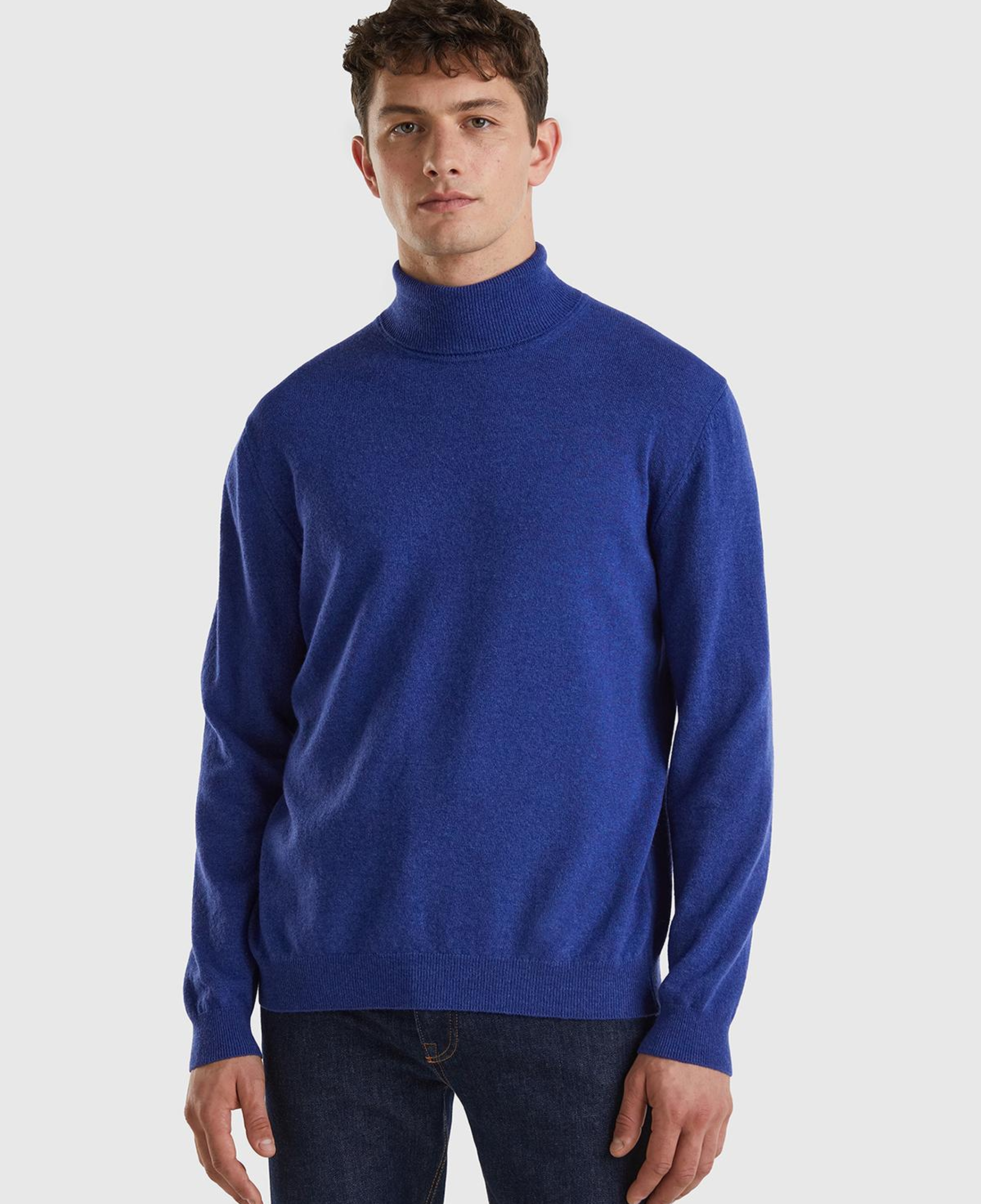 Erkek Mavi Melanj Boğazlı Merino Kazak