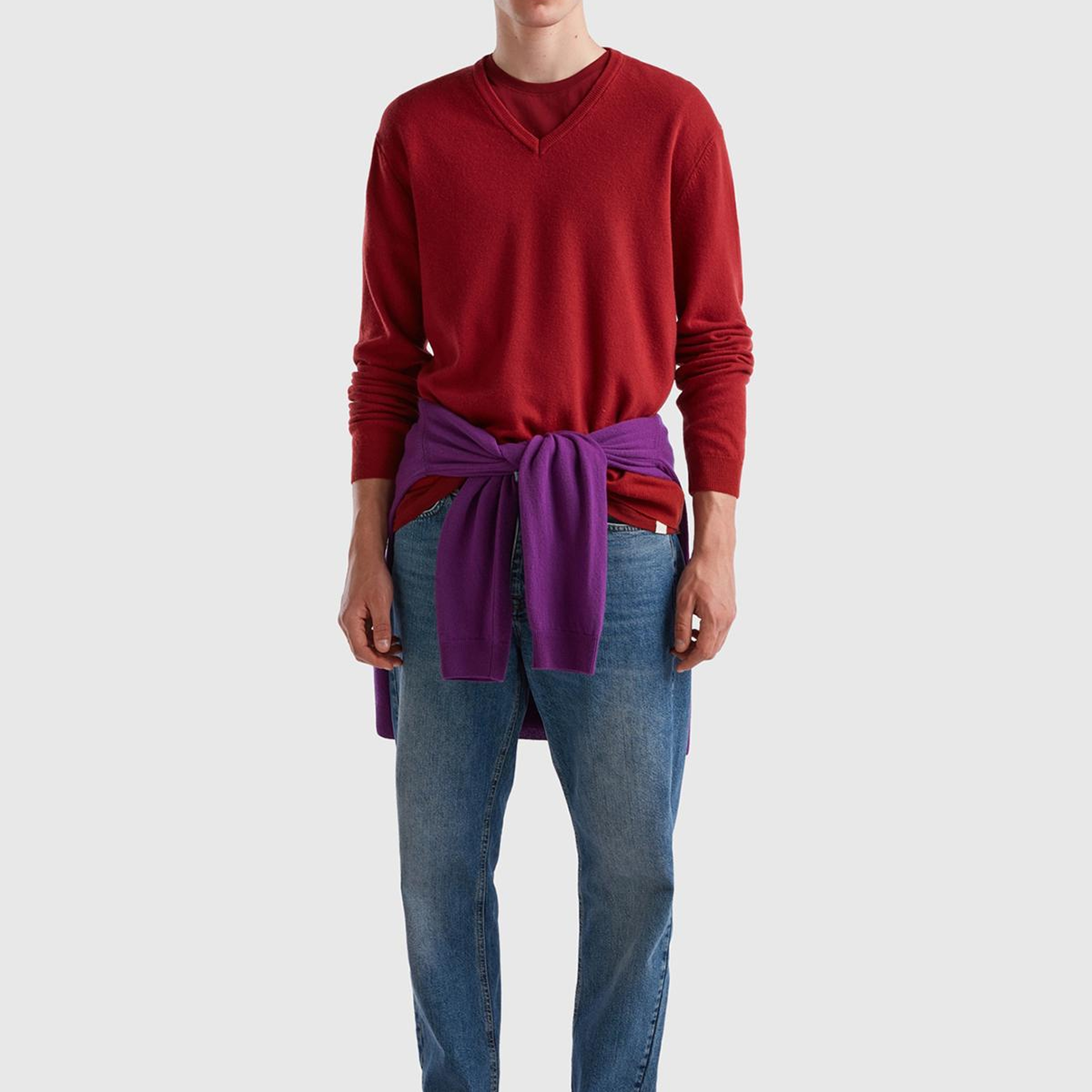 Erkek Bordo V Yaka Merino Kazak