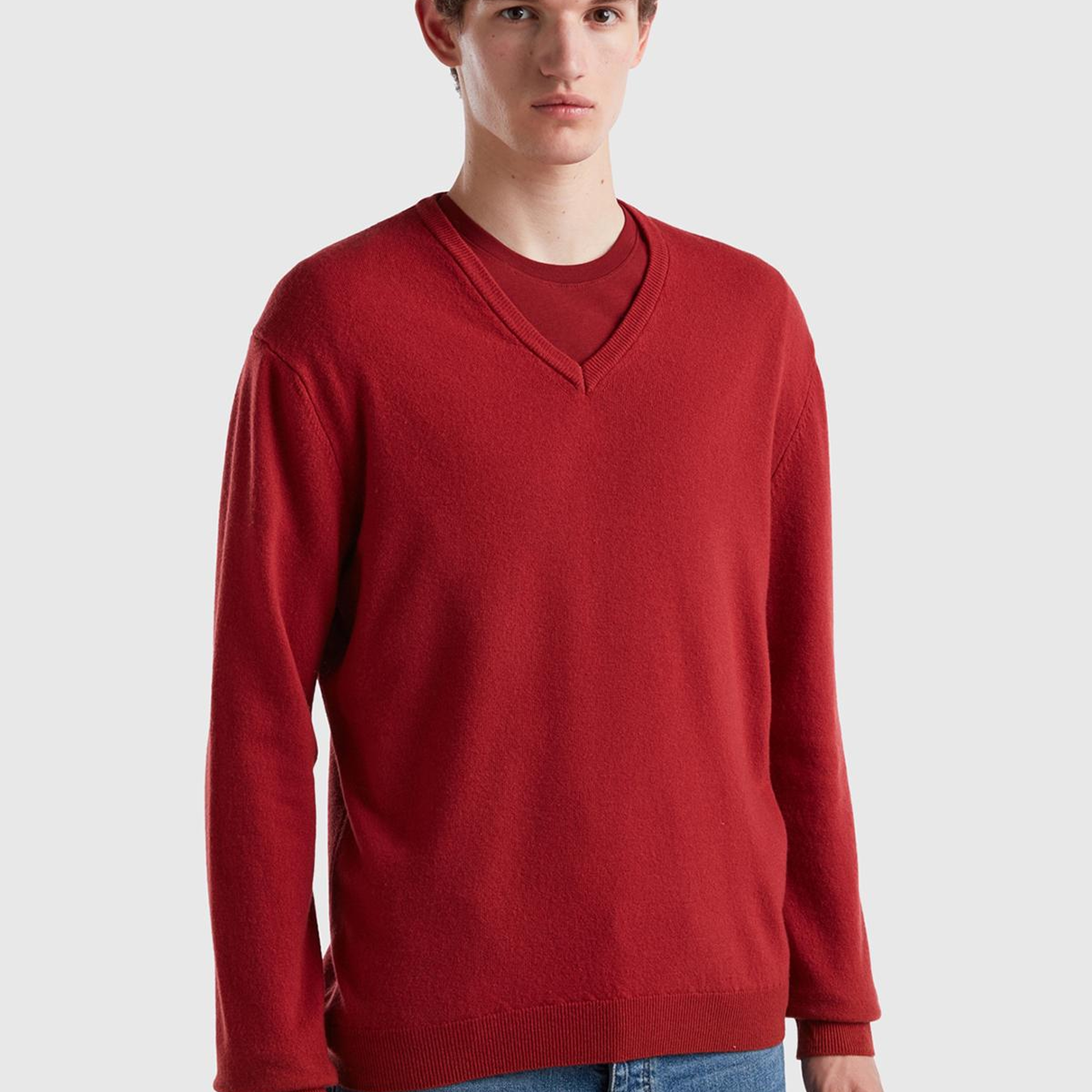 Erkek Bordo V Yaka Merino Kazak