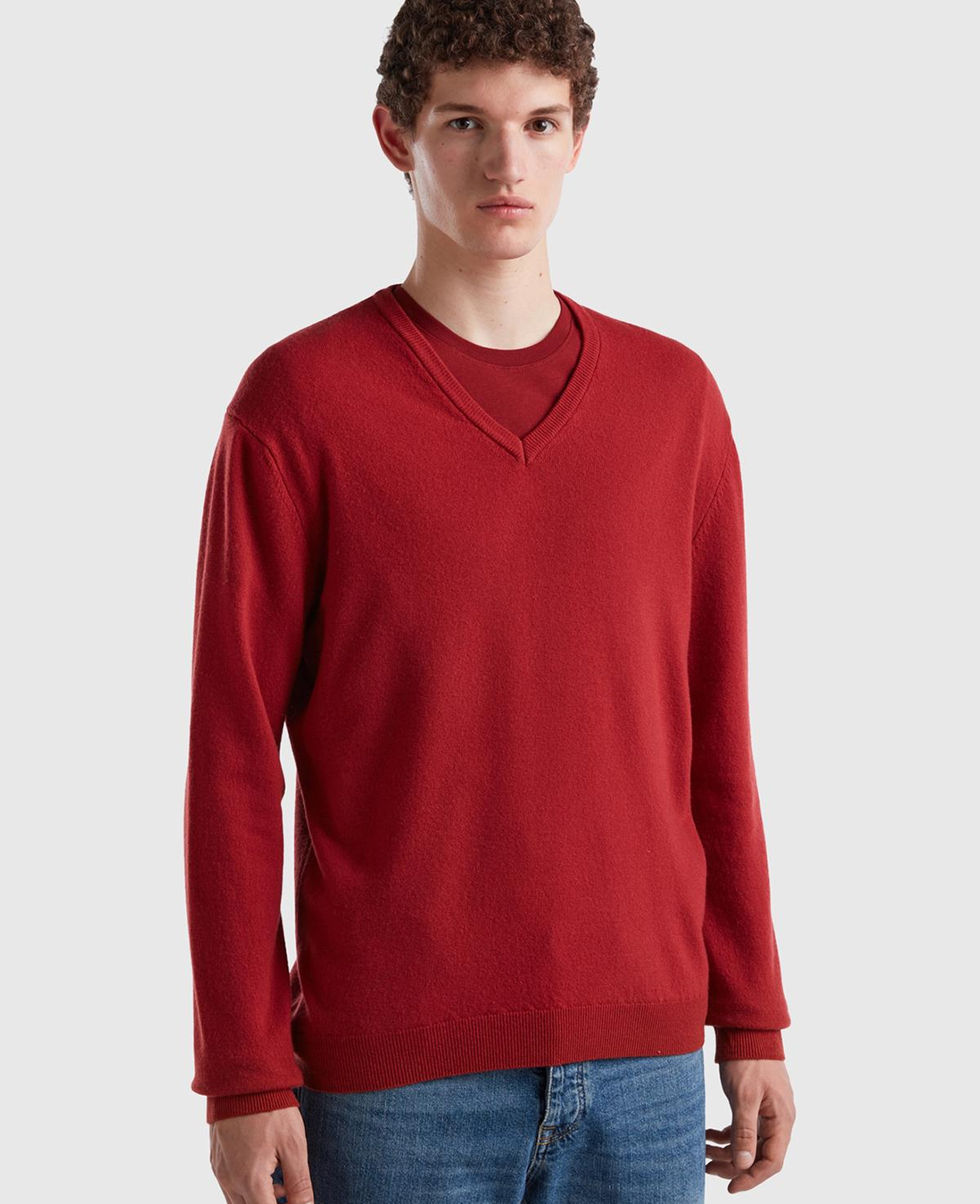 Erkek Bordo V Yaka Merino Kazak