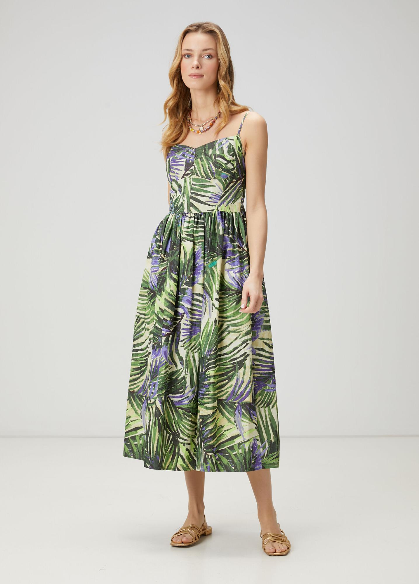 Beymen Club Kadın Yeşil Palmiye Desenli Midi Poplin Elbise