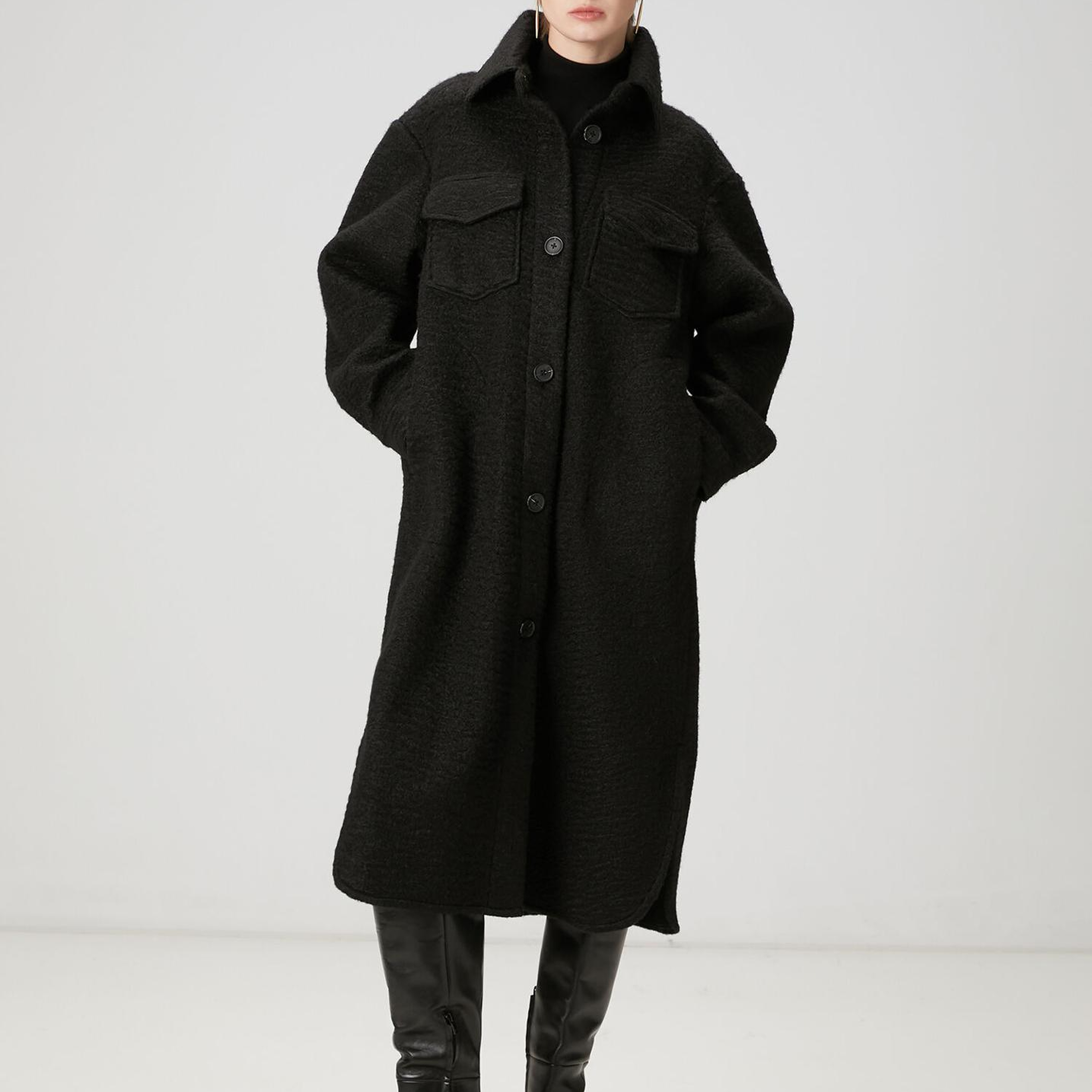 Beymen Club Kadın Siyah Yıldız Nakışlı Uzun Yün Dış Gömlek