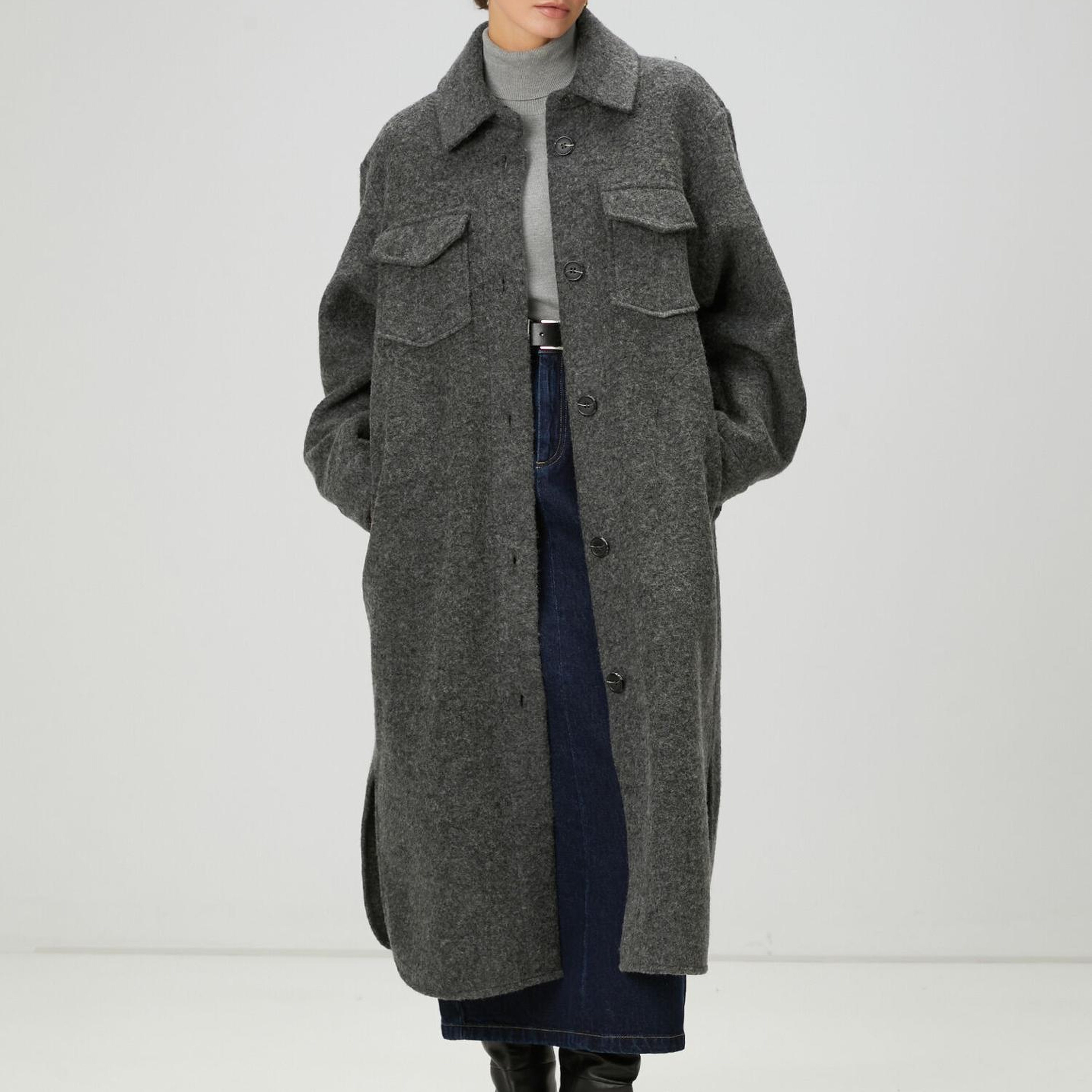 Beymen Club Kadın Gri Yıldız Nakışlı Uzun Yün Dış Gömlek