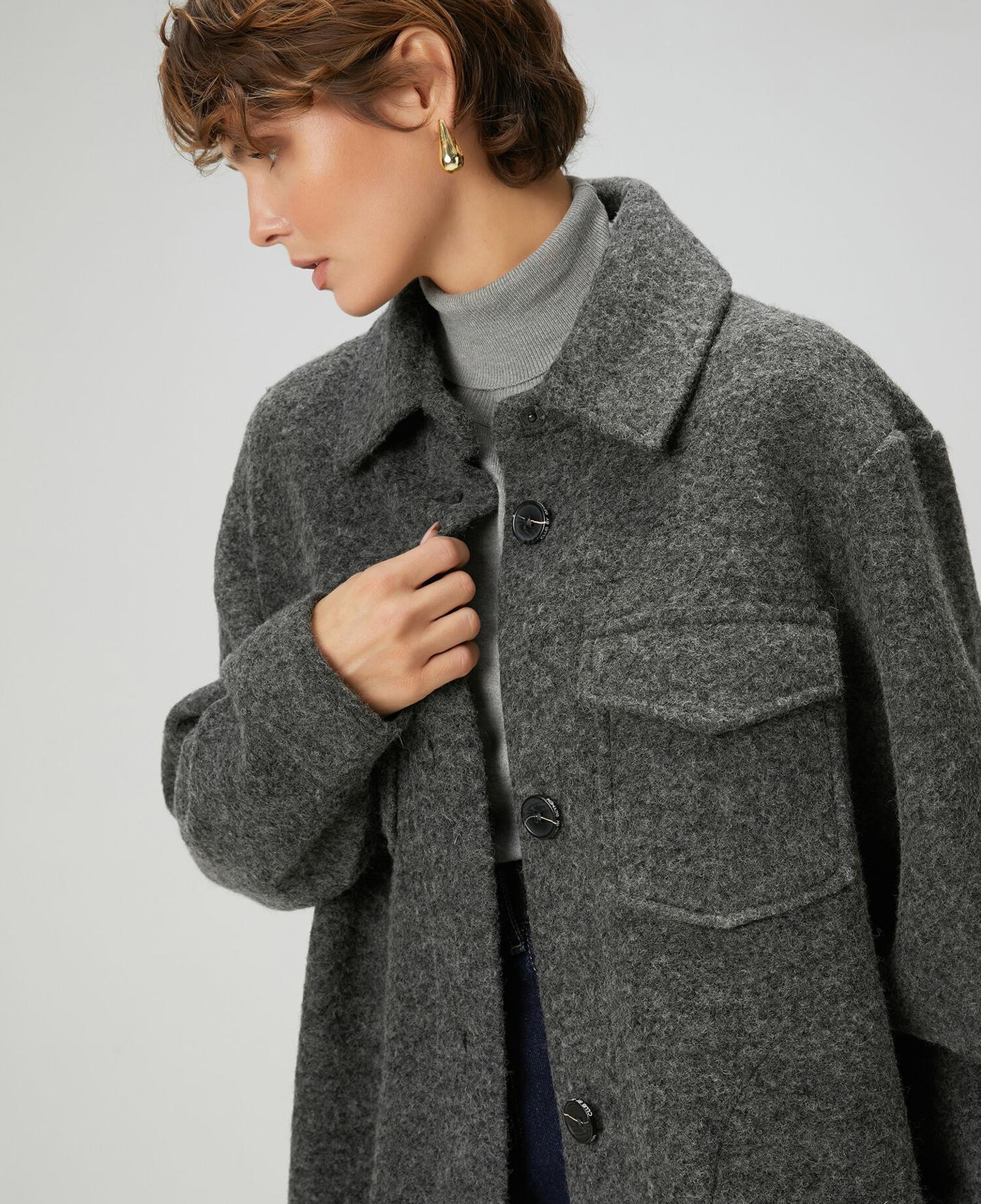 Beymen Club Kadın Gri Yıldız Nakışlı Uzun Yün Dış Gömlek