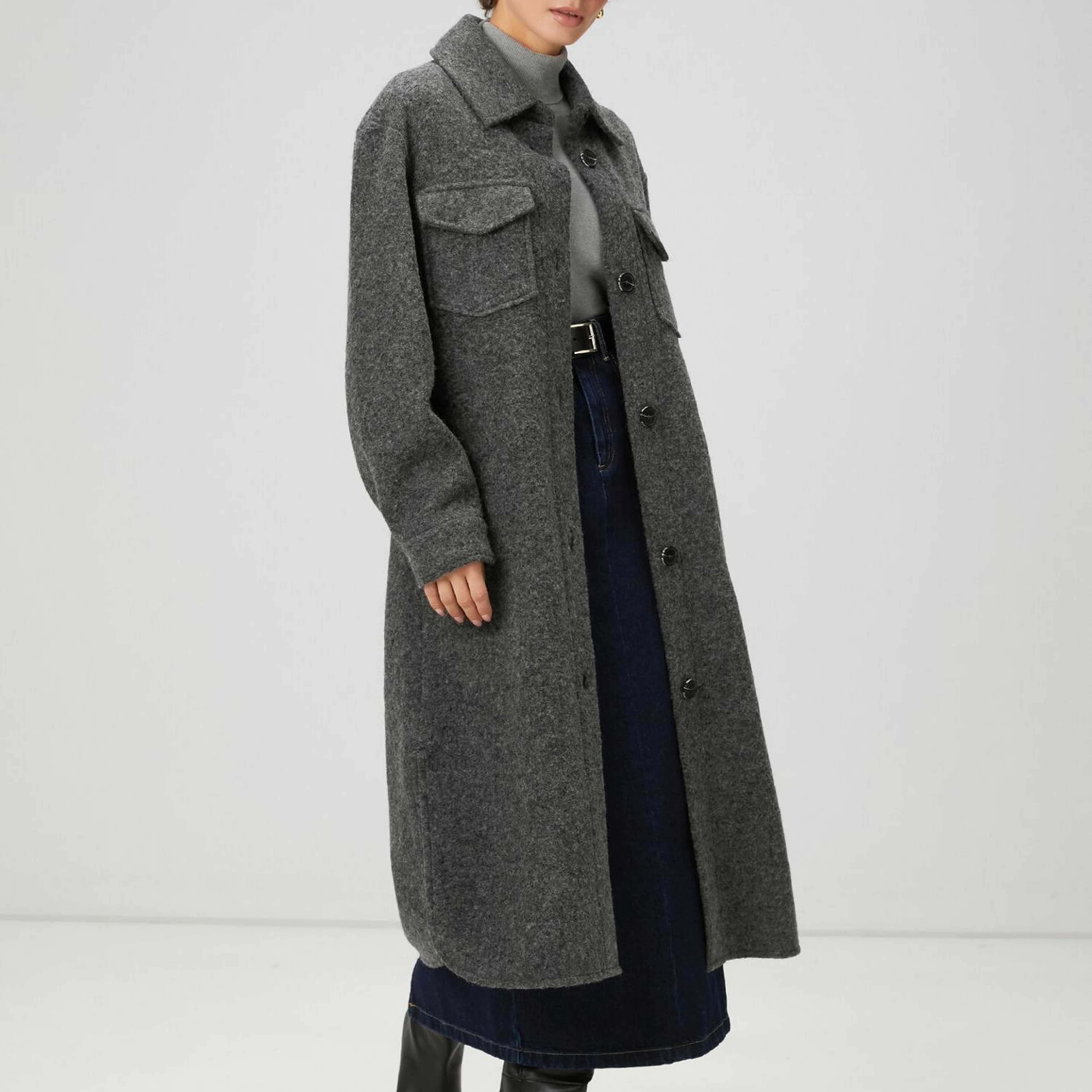 Beymen Club Kadın Gri Yıldız Nakışlı Uzun Yün Dış Gömlek