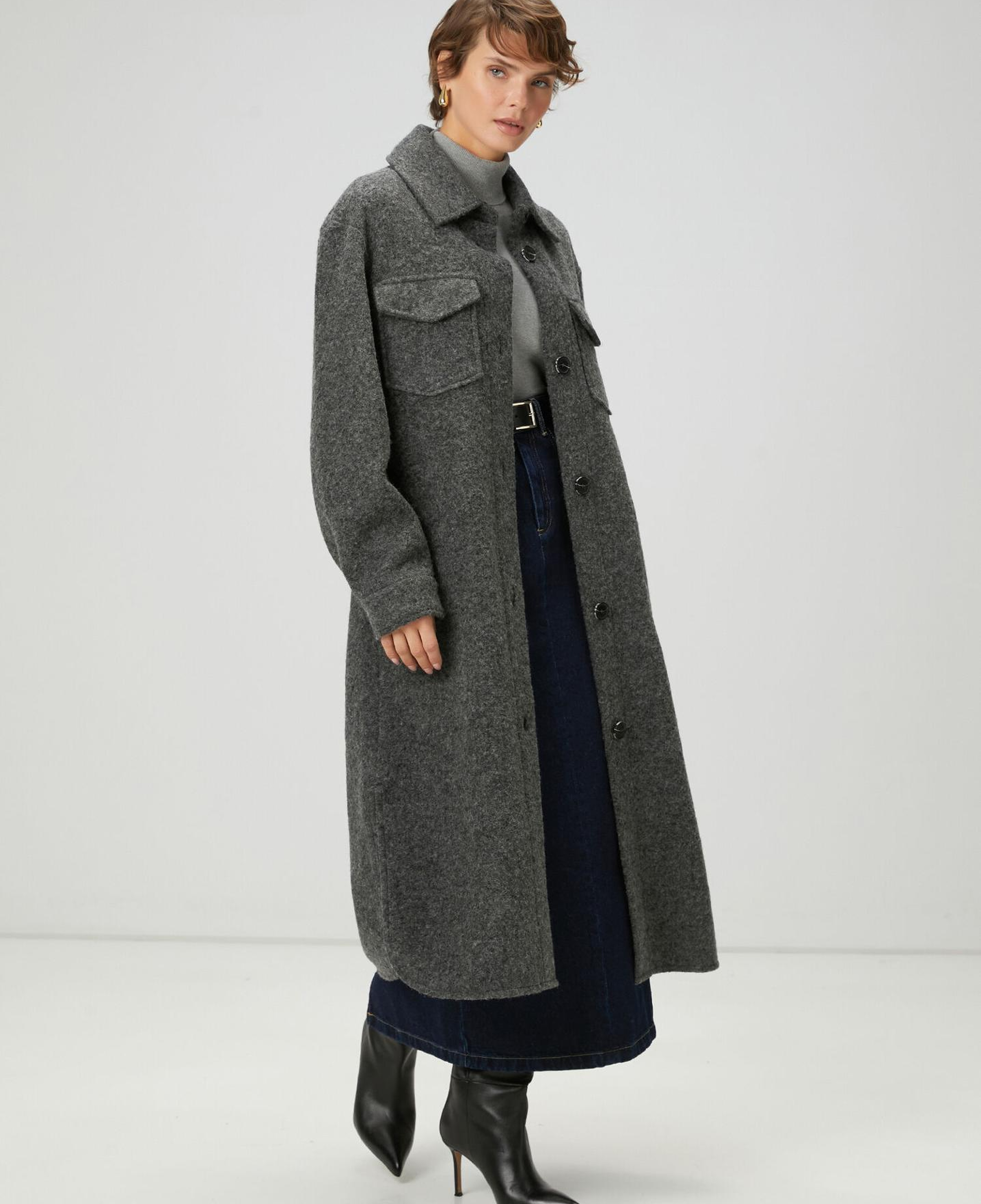 Beymen Club Kadın Gri Yıldız Nakışlı Uzun Yün Dış Gömlek