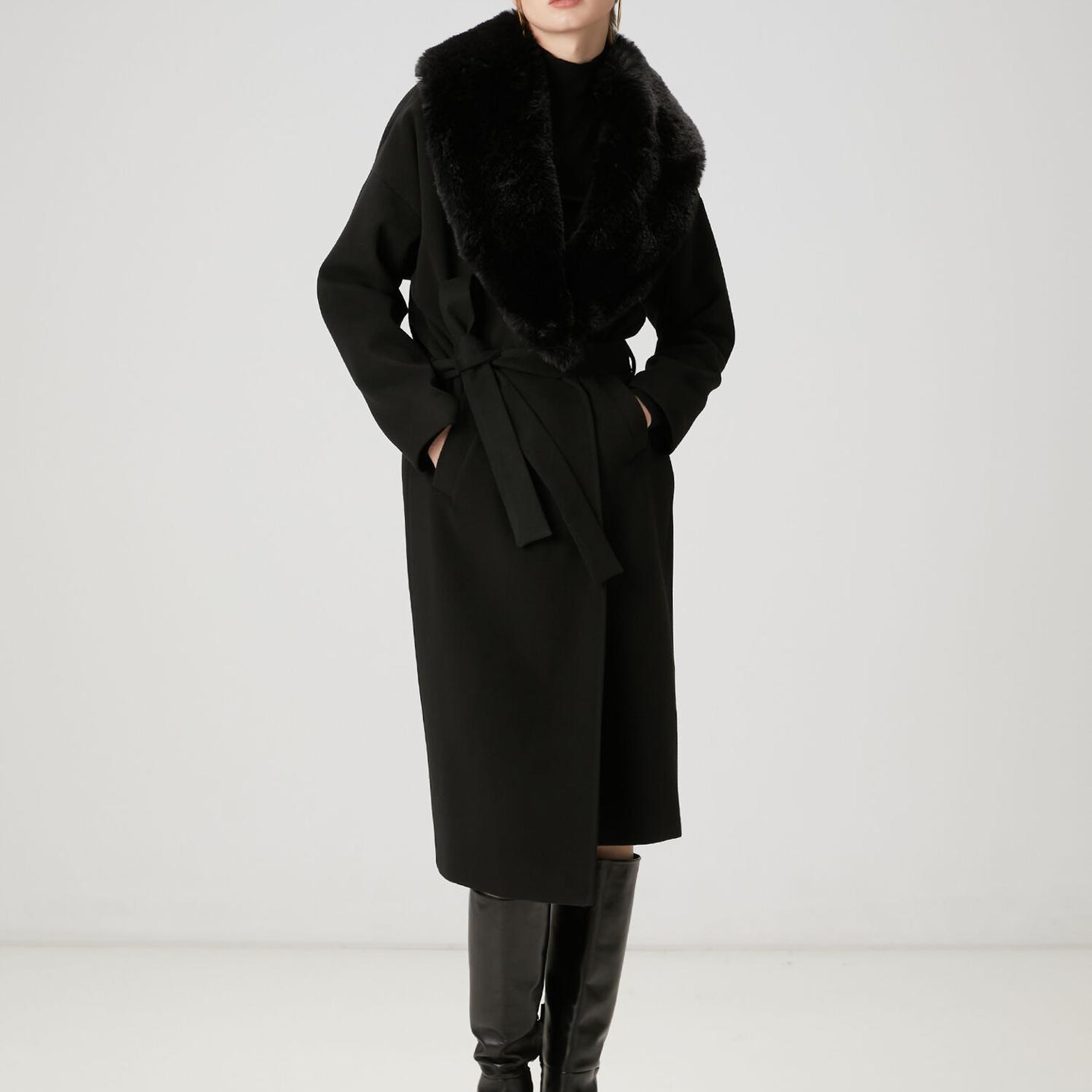 Beymen Club Kadın Siyah Kürk Yaka Kruvaze Palto