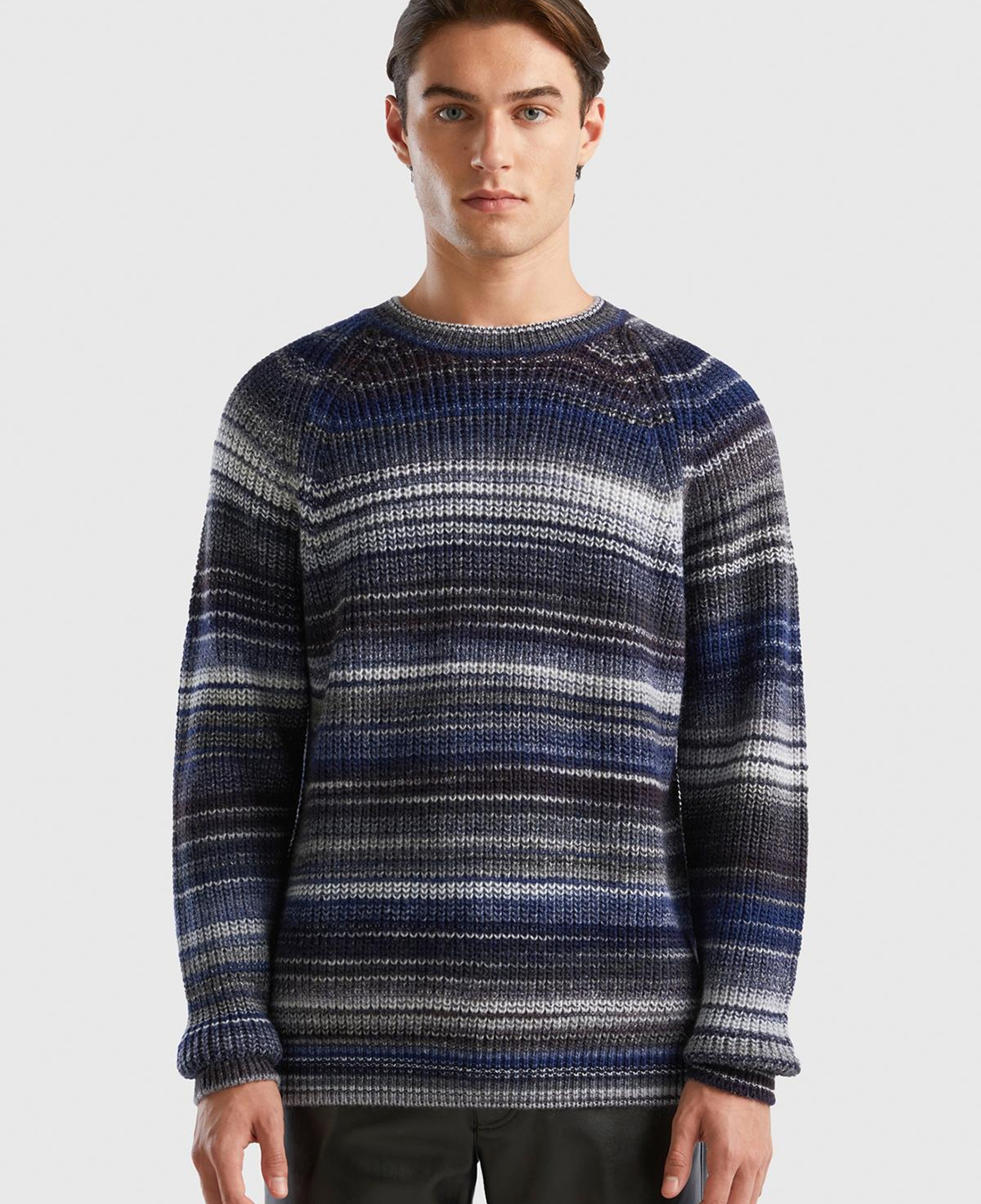 Erkek Lacivert Yün Karışımlı Raglan Kol Renkli Kazak