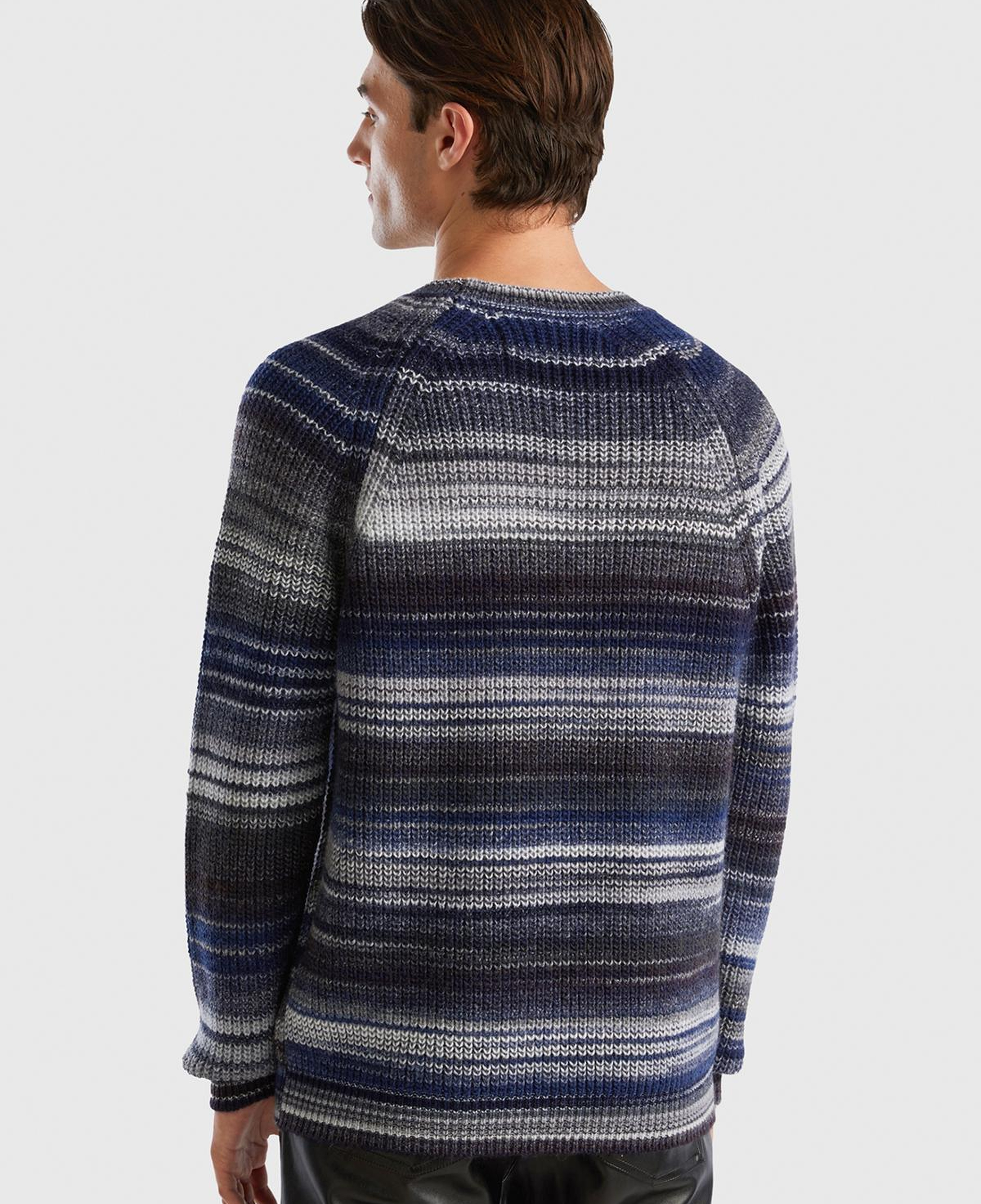 Erkek Lacivert Yün Karışımlı Raglan Kol Renkli Kazak