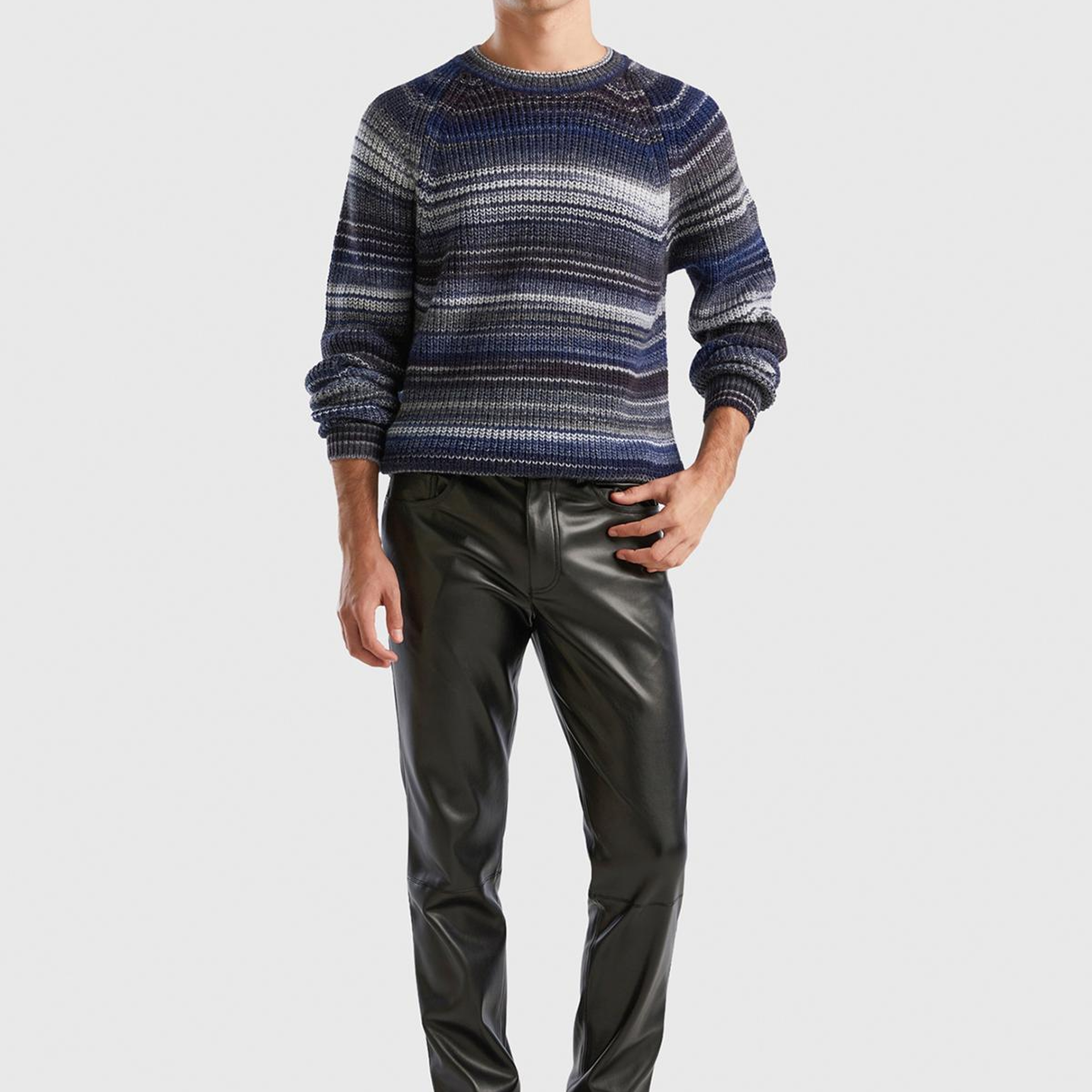 Erkek Lacivert Yün Karışımlı Raglan Kol Renkli Kazak