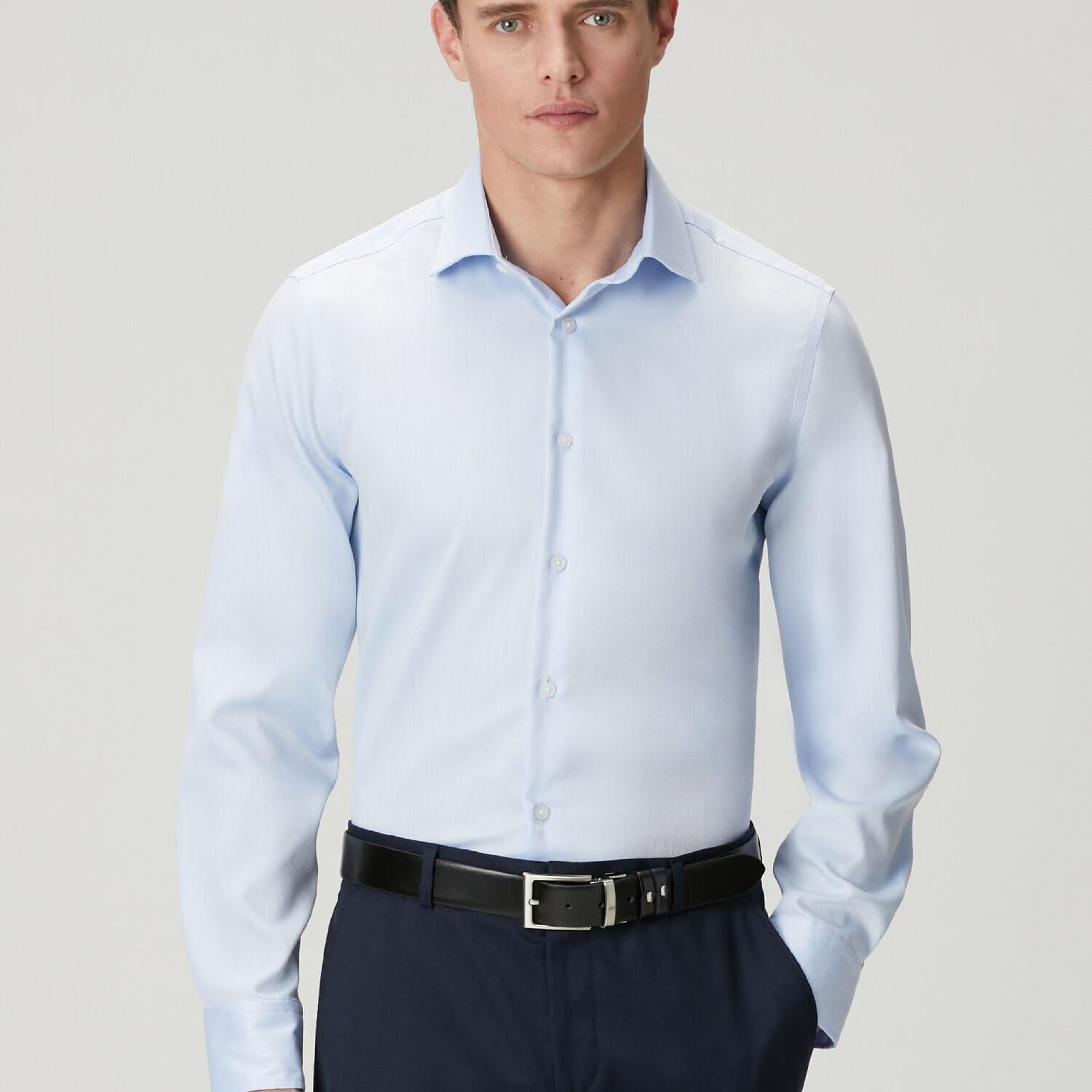 Beymen Club Erkek Slim Fit Açık Mavi Armürlü Non-Iron Gömlek