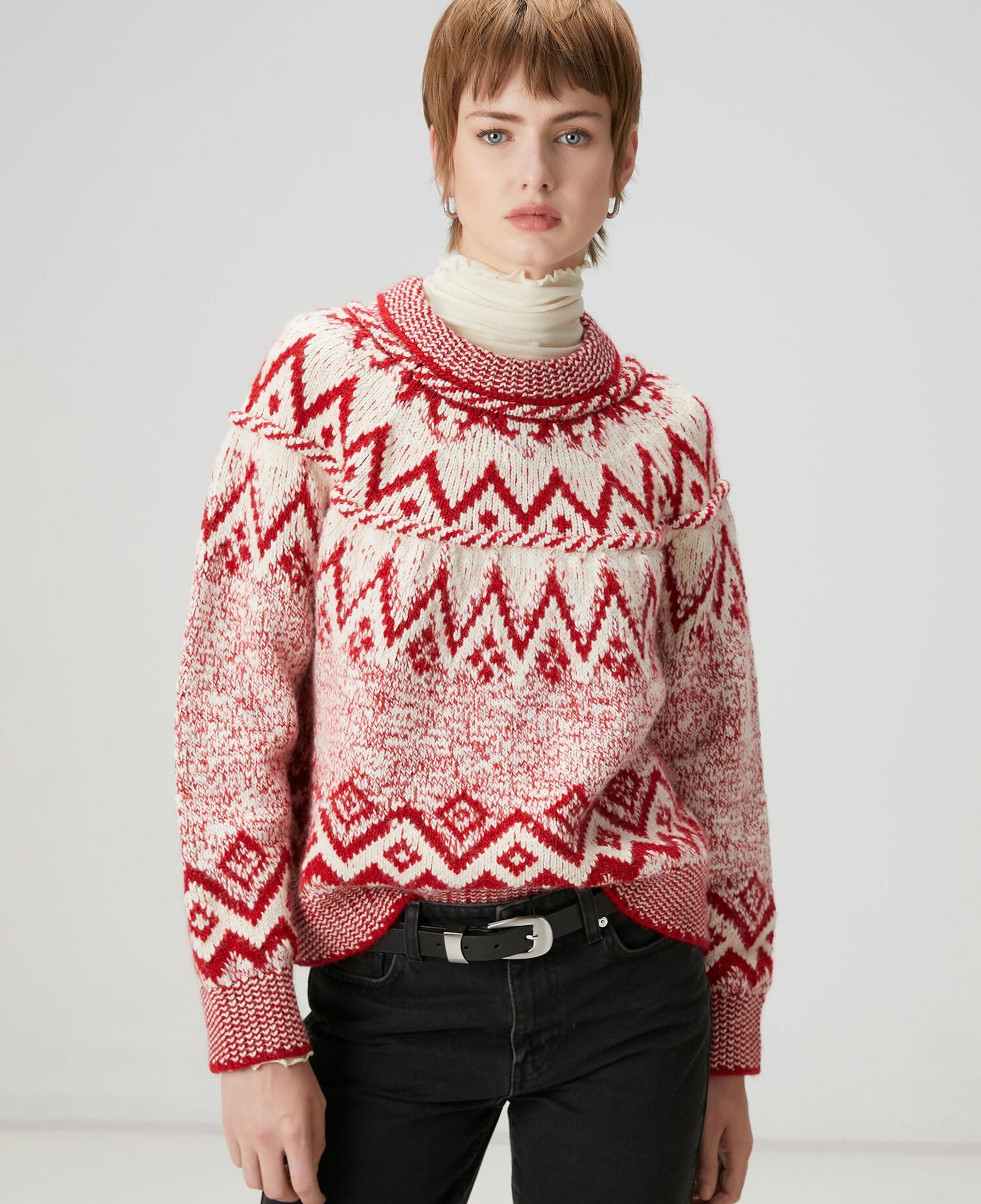 Beymen Club Kadın Kırmızı Ekru Jakarlı Kazak