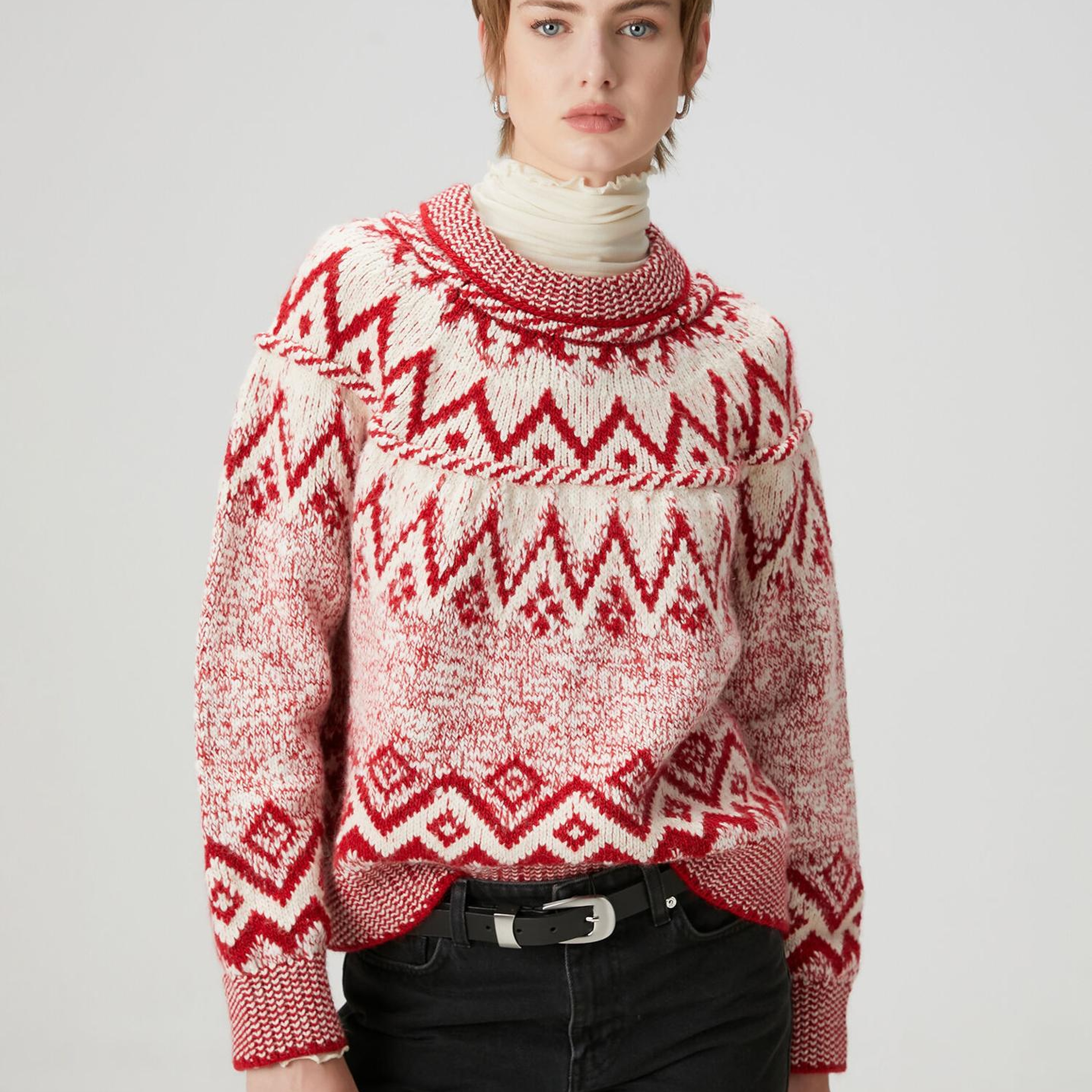 Beymen Club Kadın Kırmızı Ekru Jakarlı Kazak