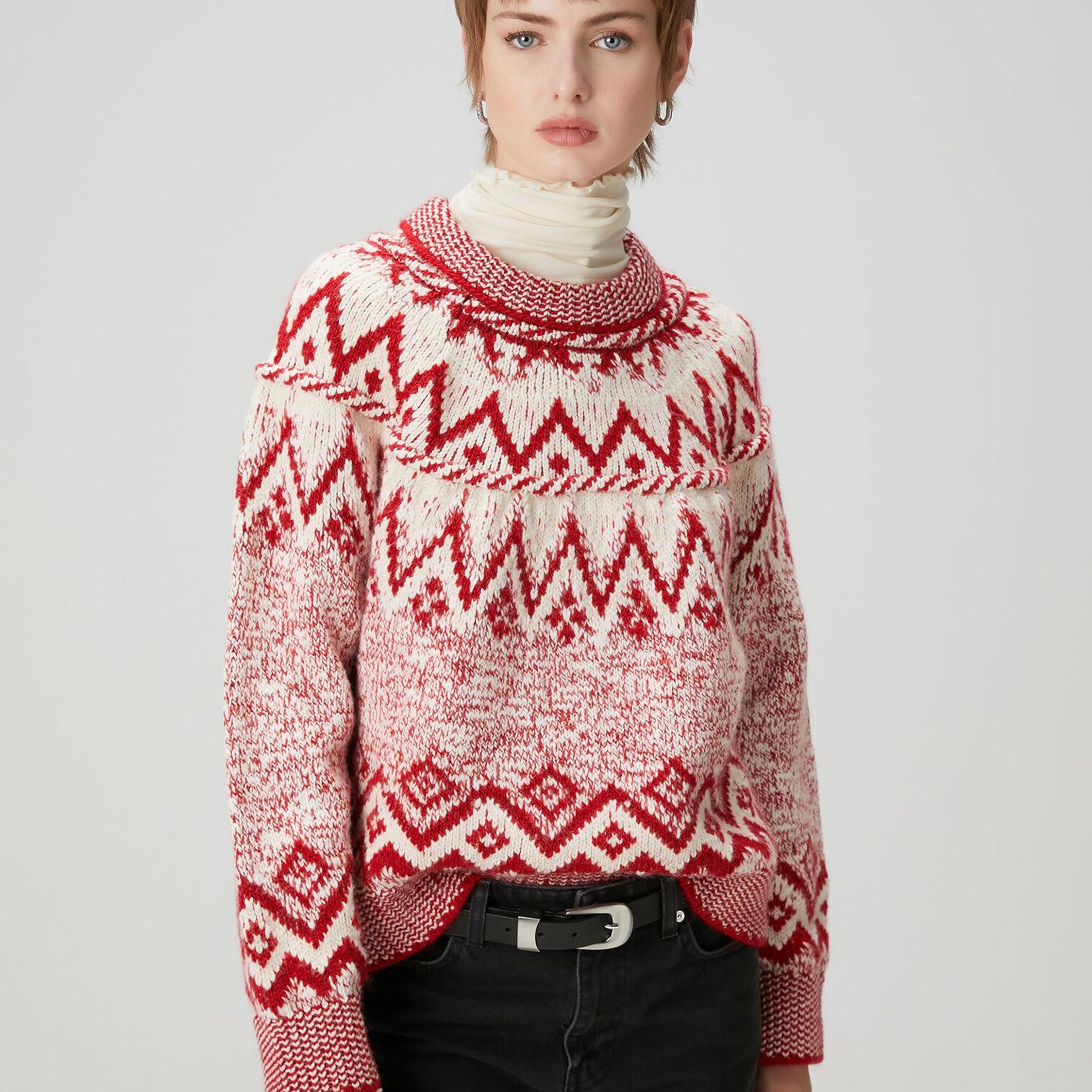 Beymen Club Kadın Kırmızı Ekru Jakarlı Kazak