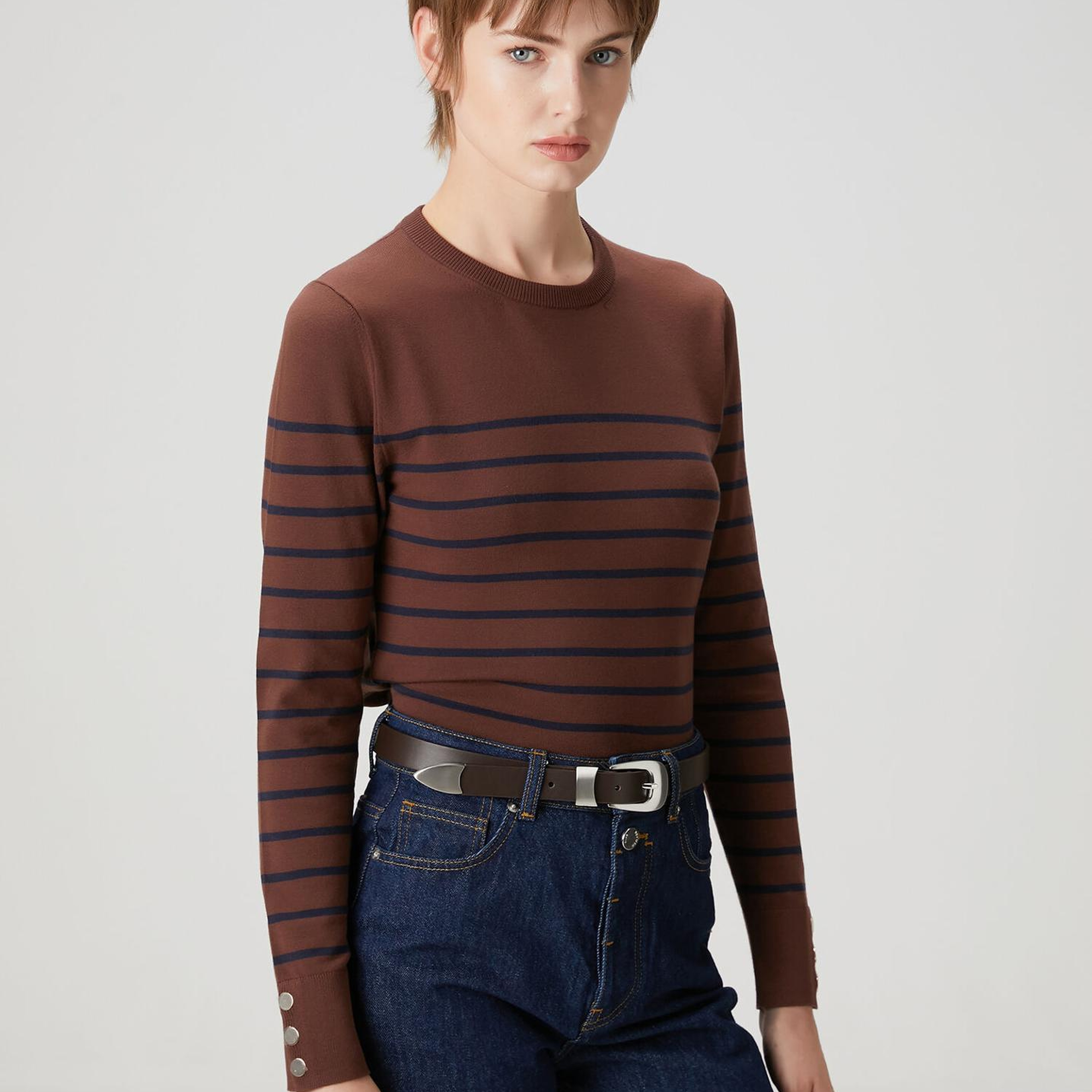 Beymen Club Kadın Kahve Lacivert Çizgili Basic Kazak