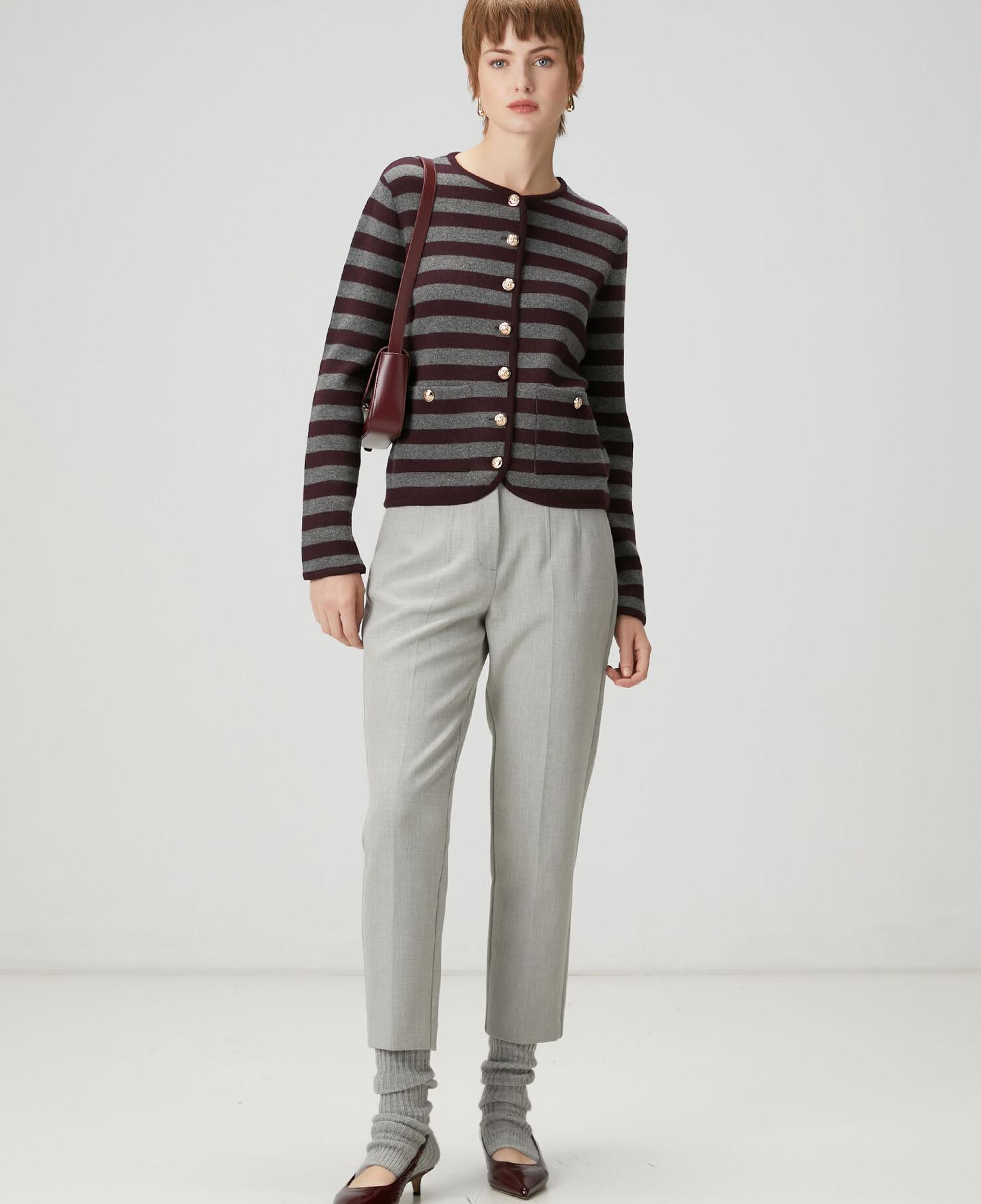Beymen Club Kadın Gri Bordo Çizgili Triko Ceket