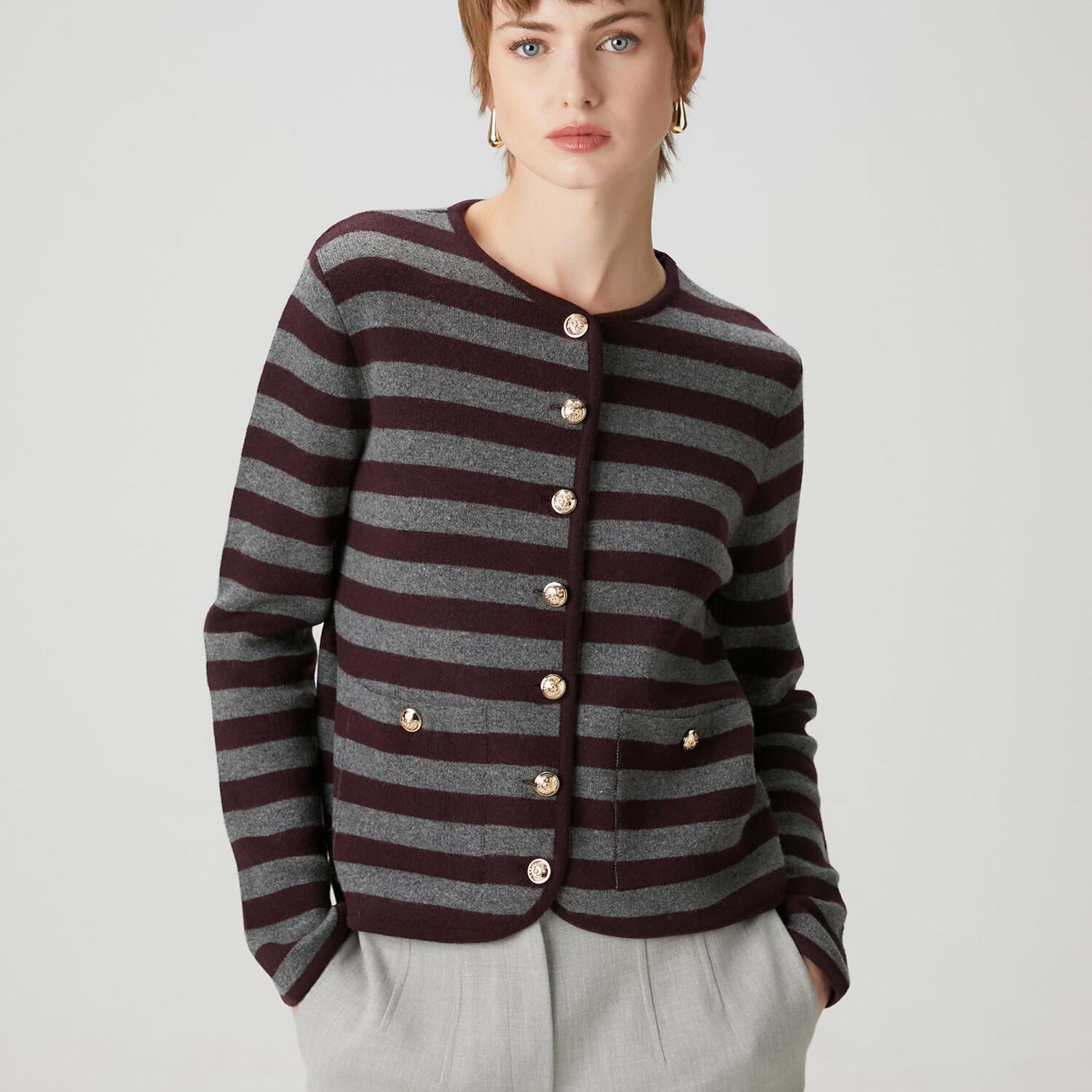Beymen Club Kadın Gri Bordo Çizgili Triko Ceket