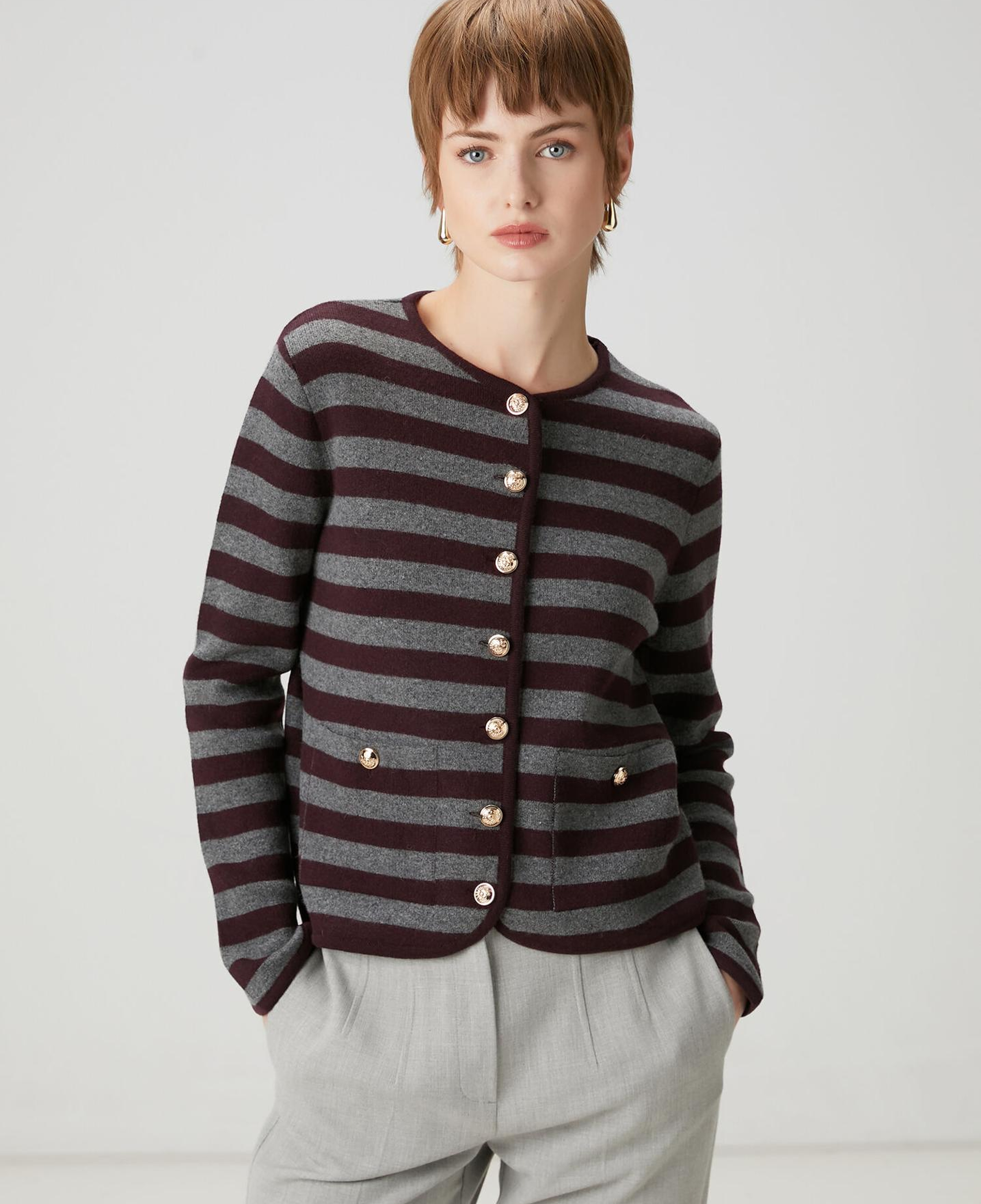 Beymen Club Kadın Gri Bordo Çizgili Triko Ceket