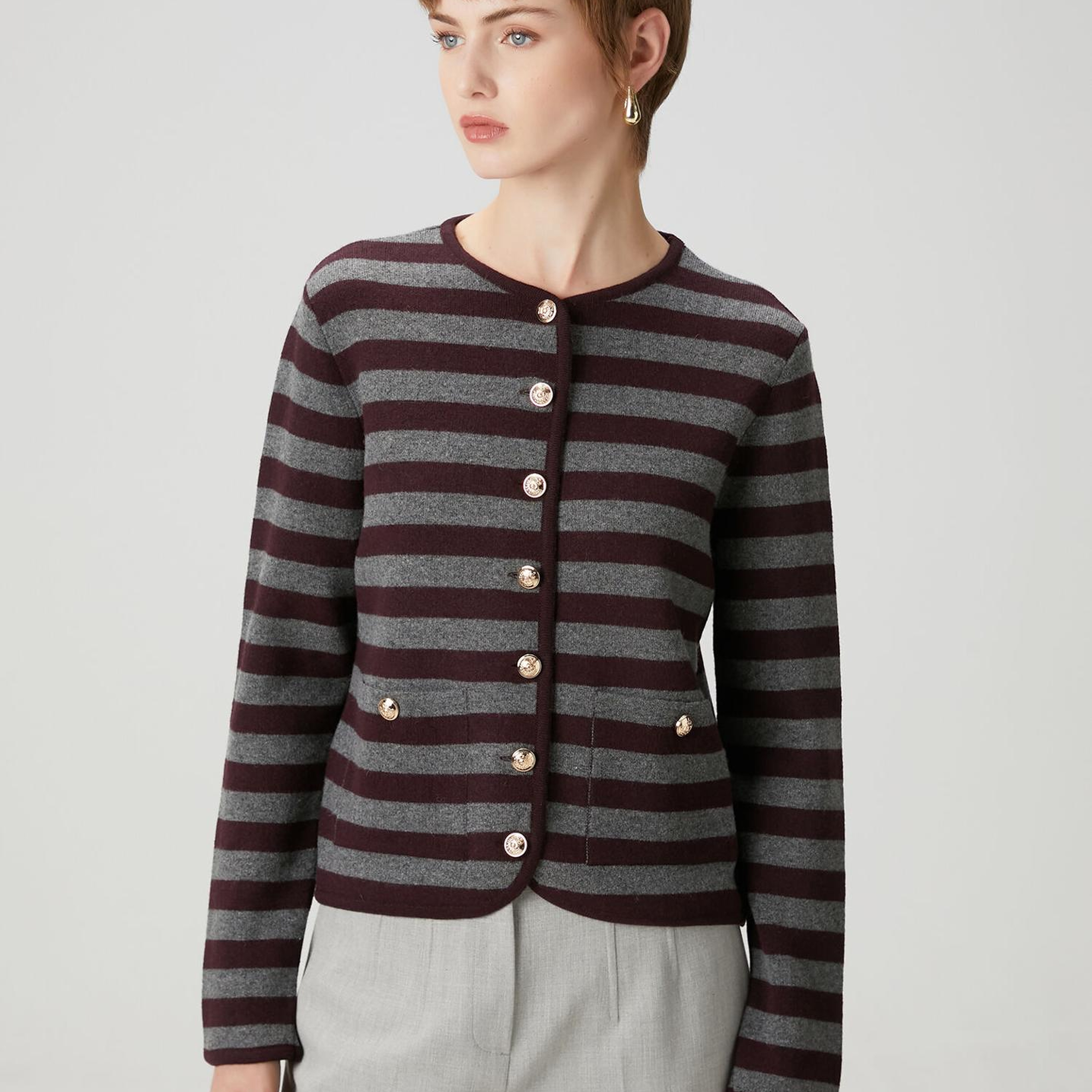 Beymen Club Kadın Gri Bordo Çizgili Triko Ceket