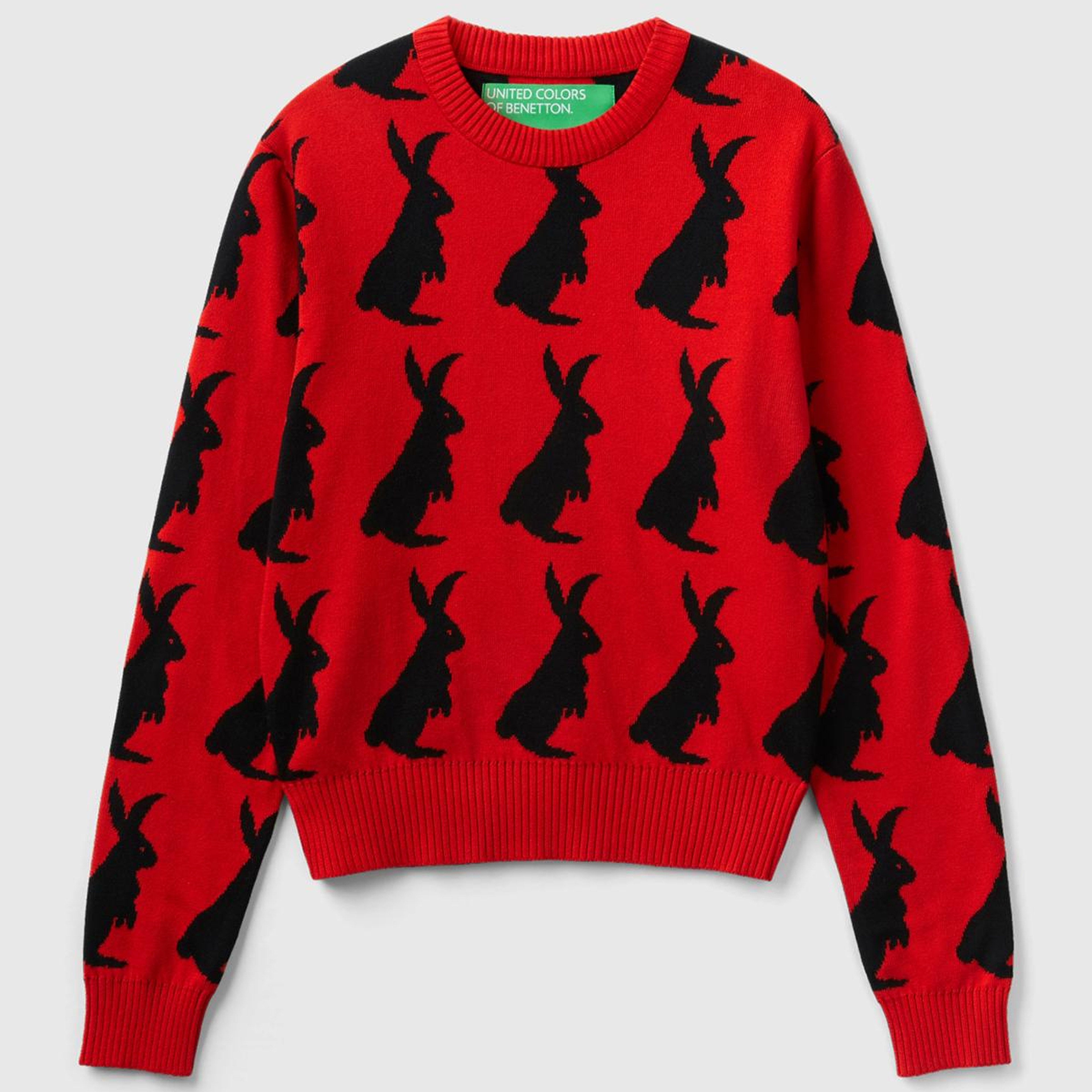 Kadın Kırmızı %100 Koton Tavşan Desenli Kazak