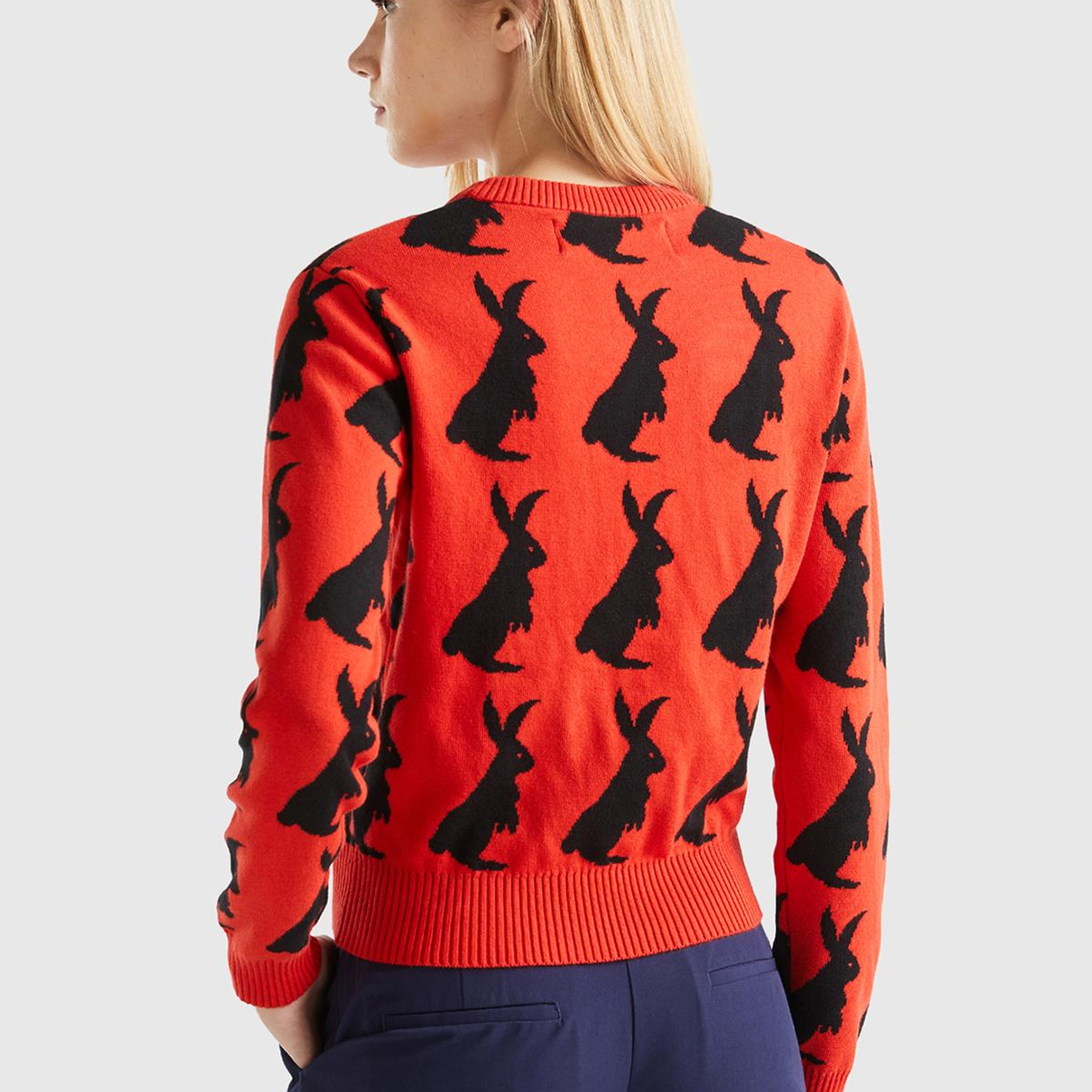 Kadın Kırmızı %100 Koton Tavşan Desenli Kazak