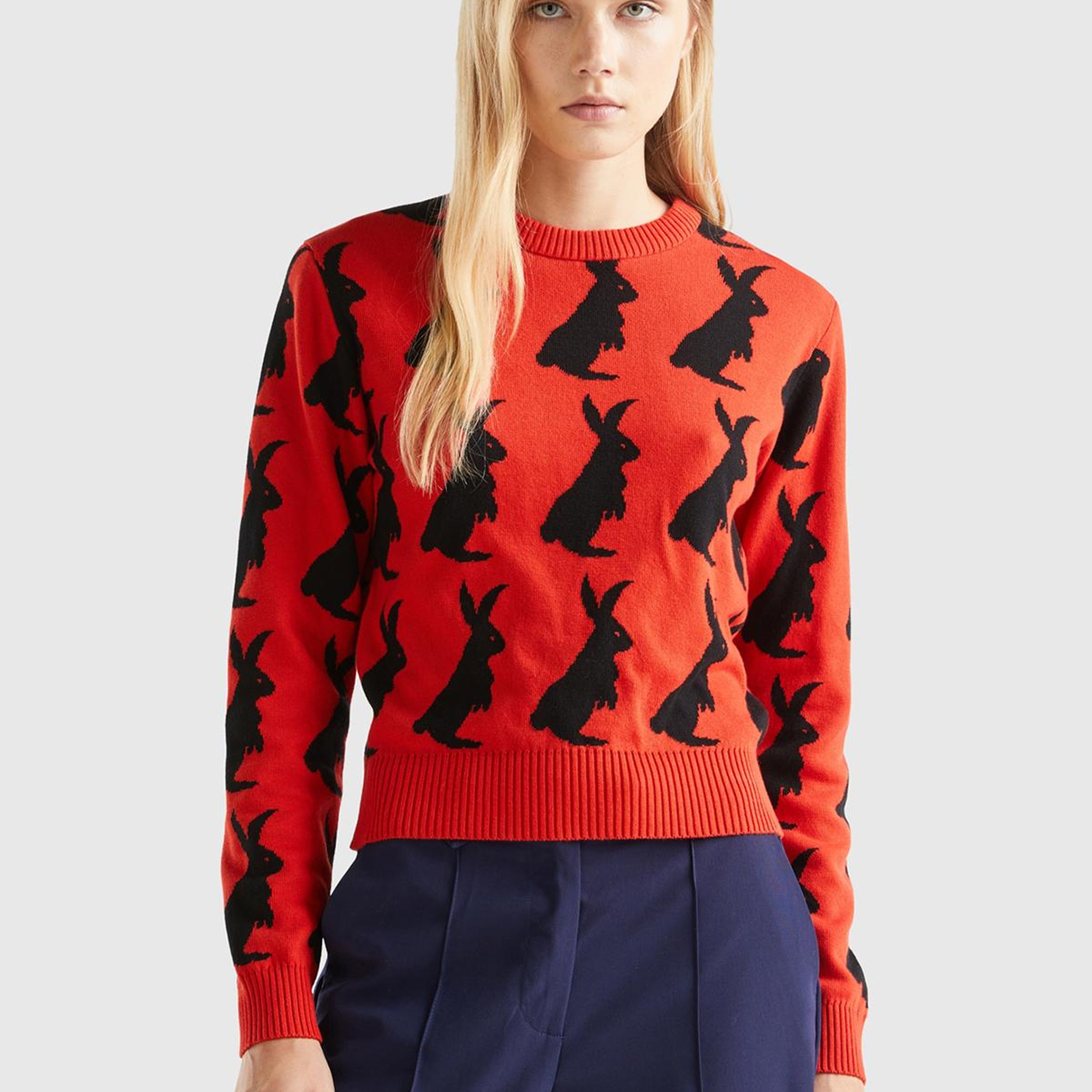 Kadın Kırmızı %100 Koton Tavşan Desenli Kazak