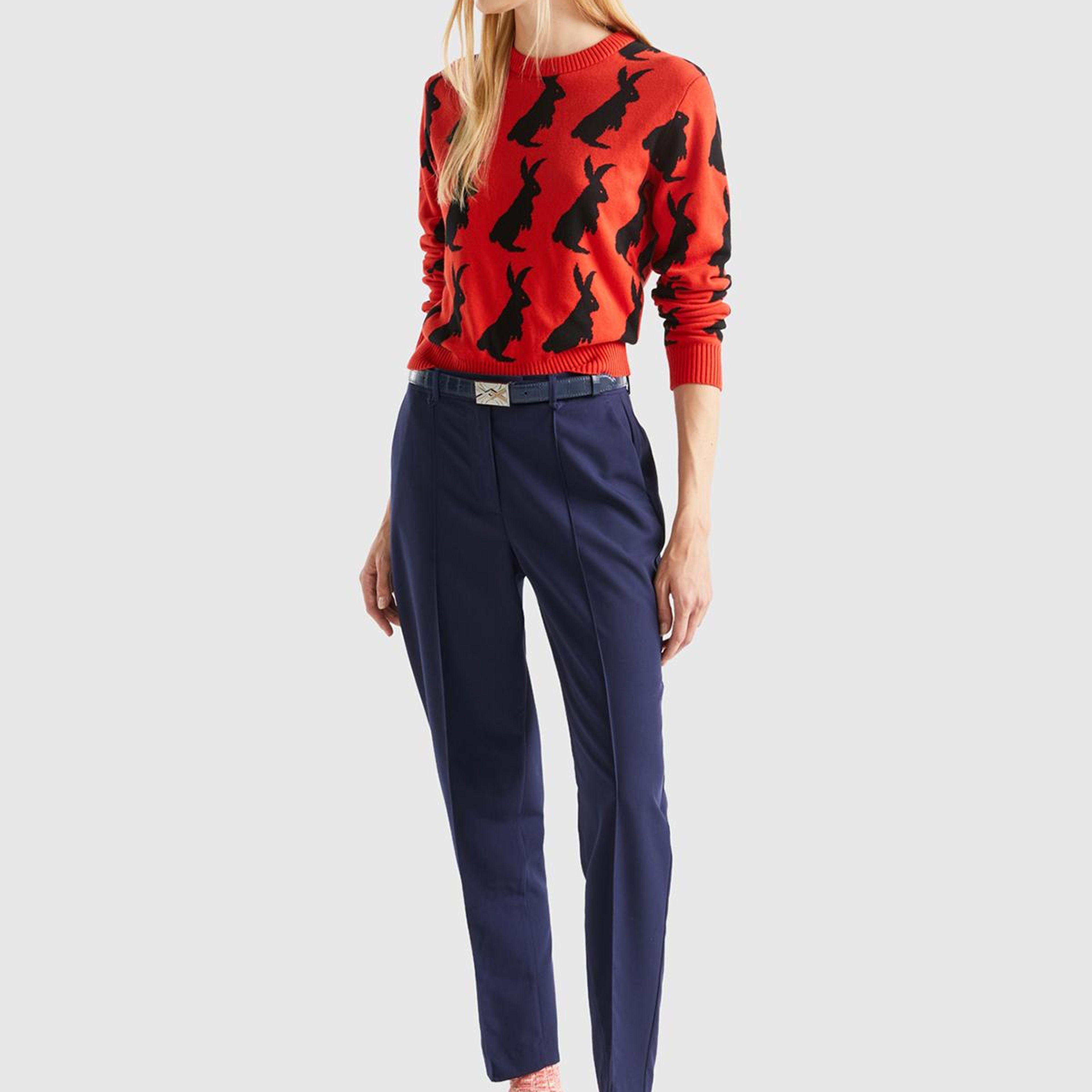 Kadın Kırmızı %100 Koton Tavşan Desenli Kazak