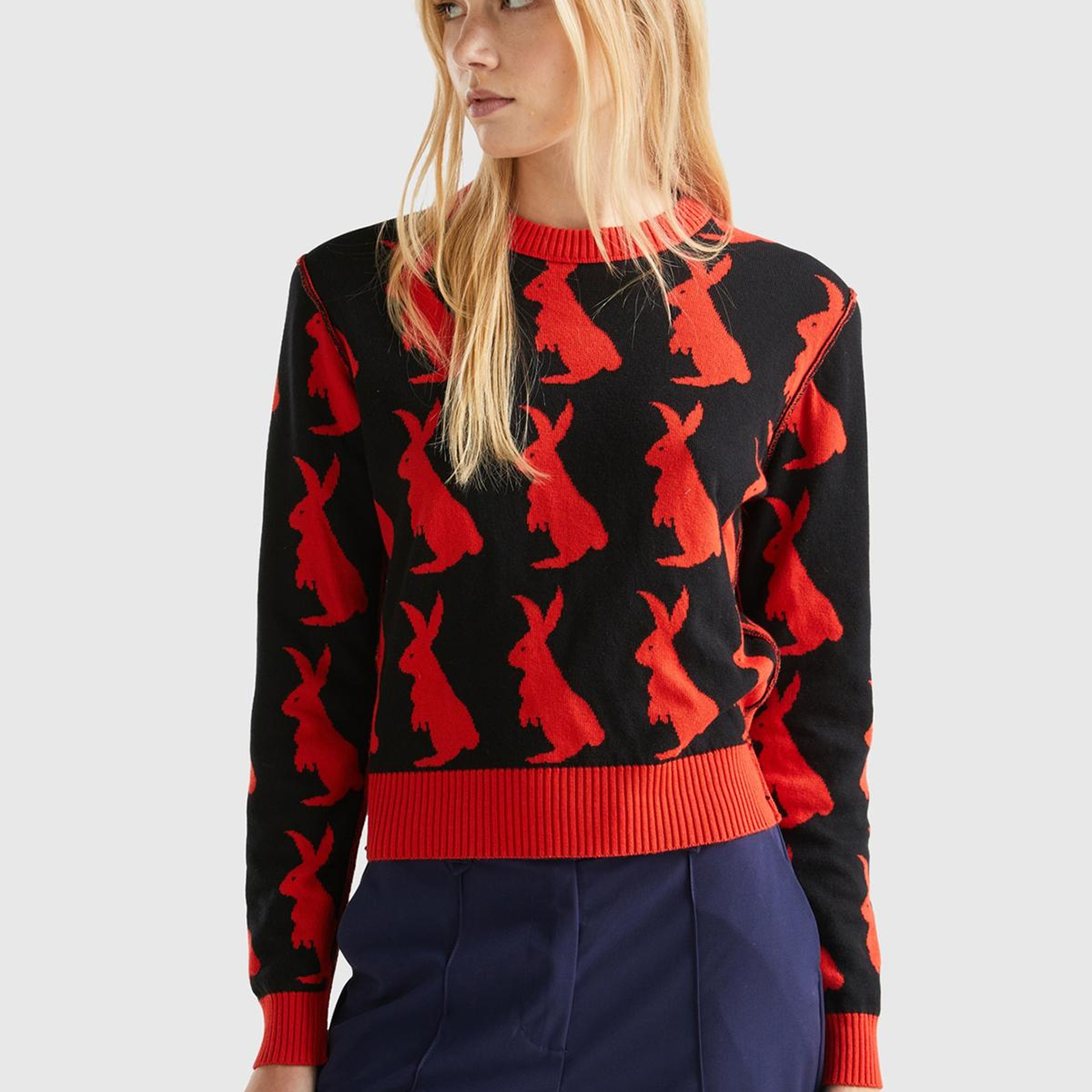 Kadın Kırmızı %100 Koton Tavşan Desenli Kazak