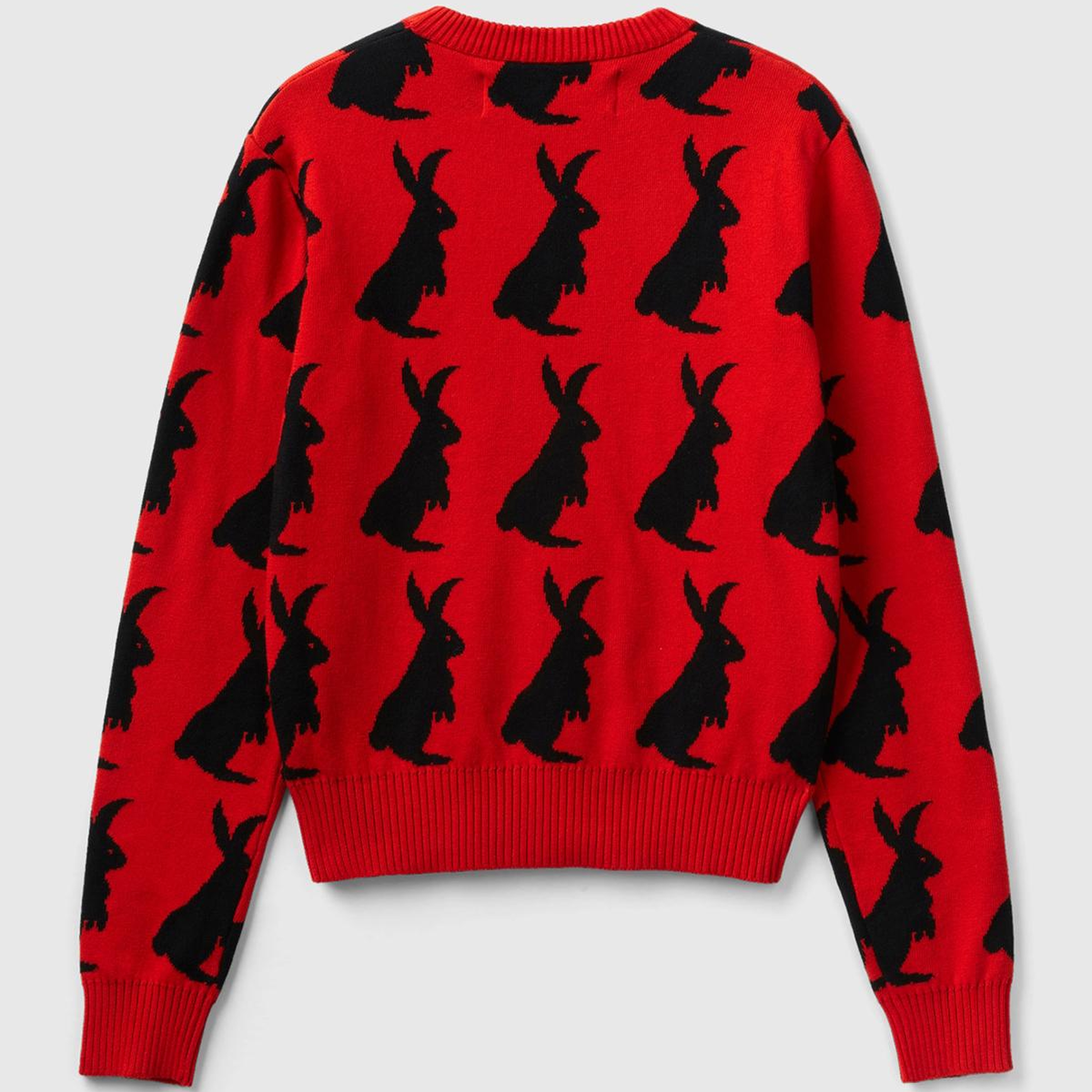 Kadın Kırmızı %100 Koton Tavşan Desenli Kazak