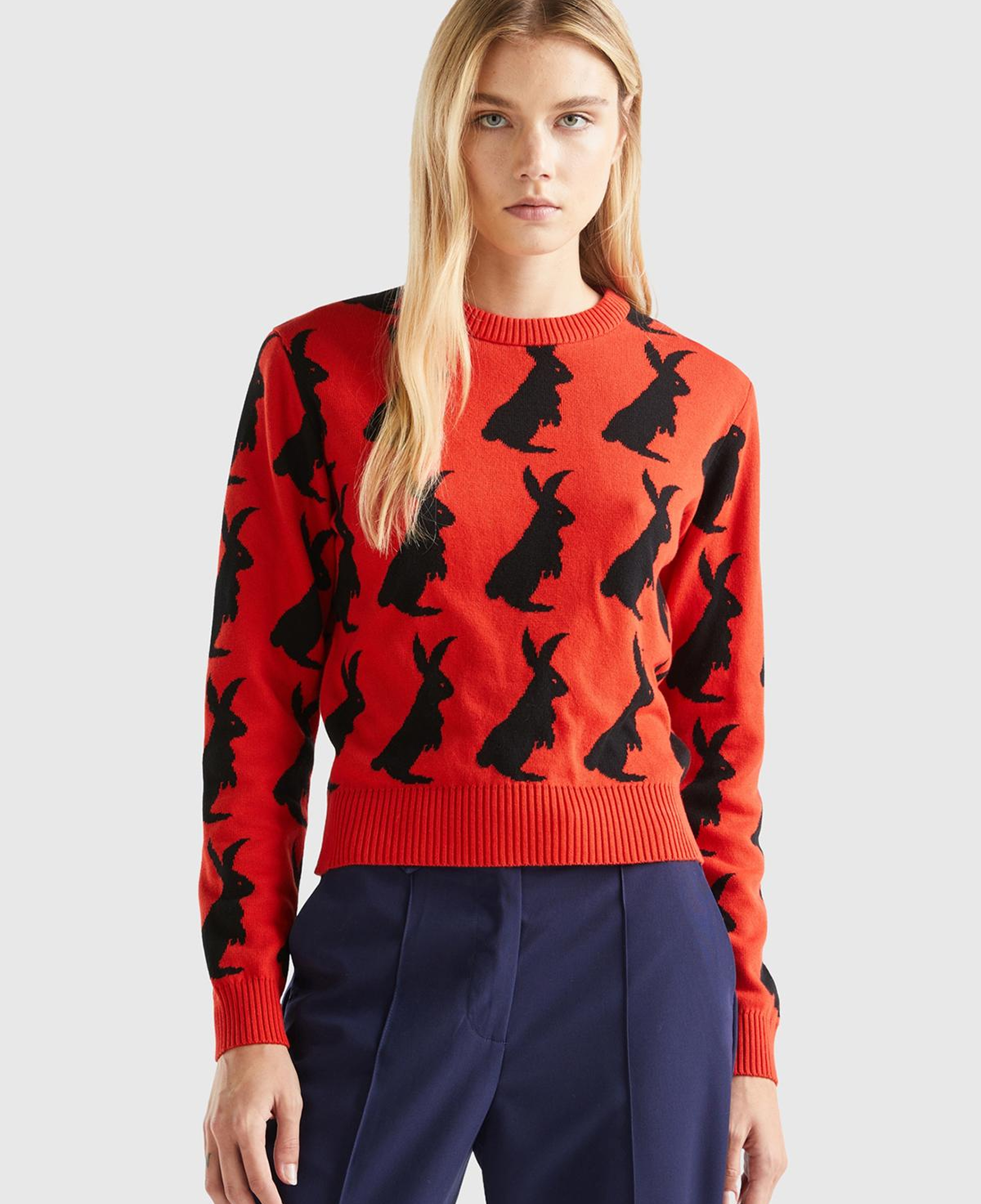 Kadın Kırmızı %100 Koton Tavşan Desenli Kazak