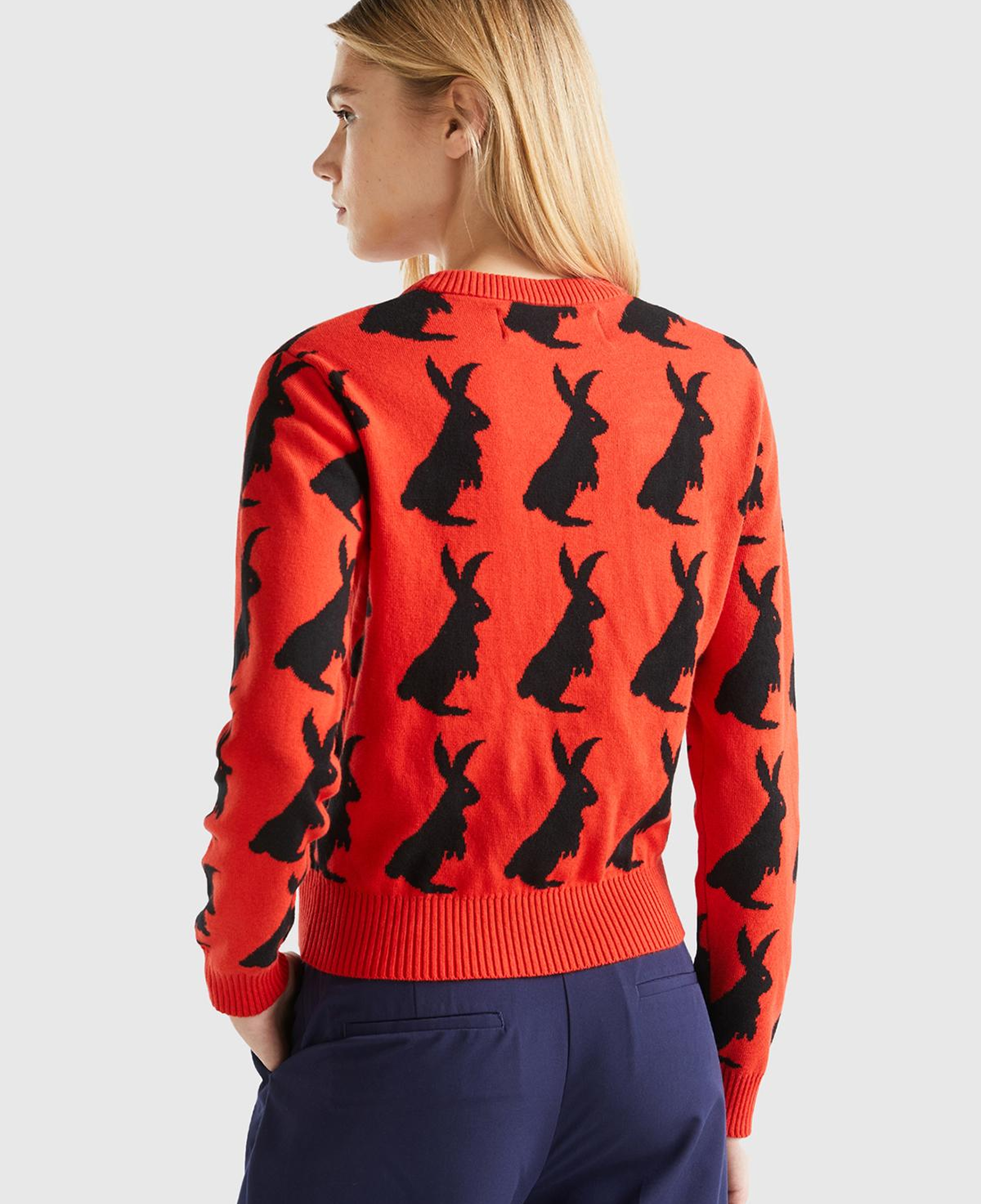 Kadın Kırmızı %100 Koton Tavşan Desenli Kazak