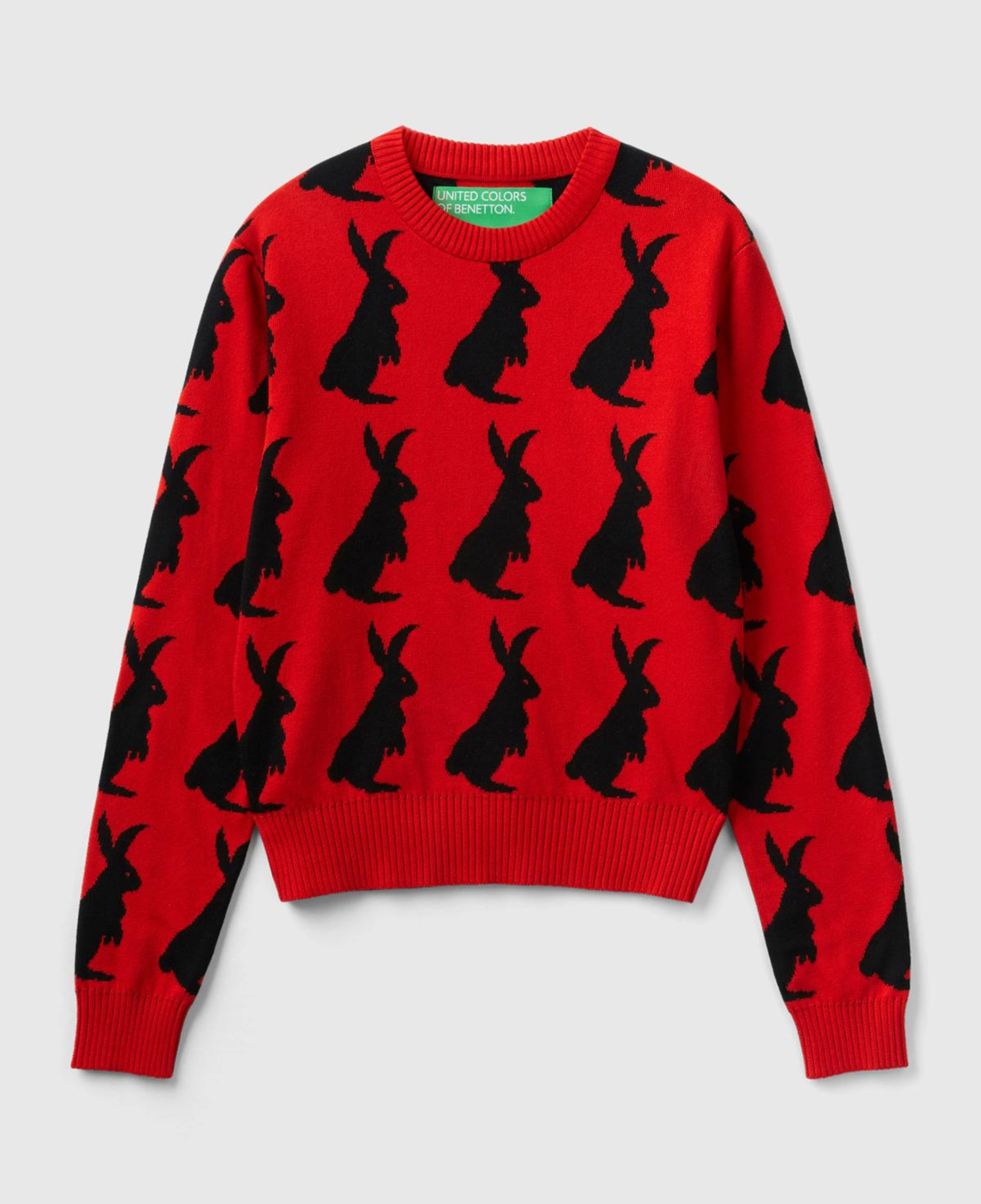 Kadın Kırmızı %100 Koton Tavşan Desenli Kazak