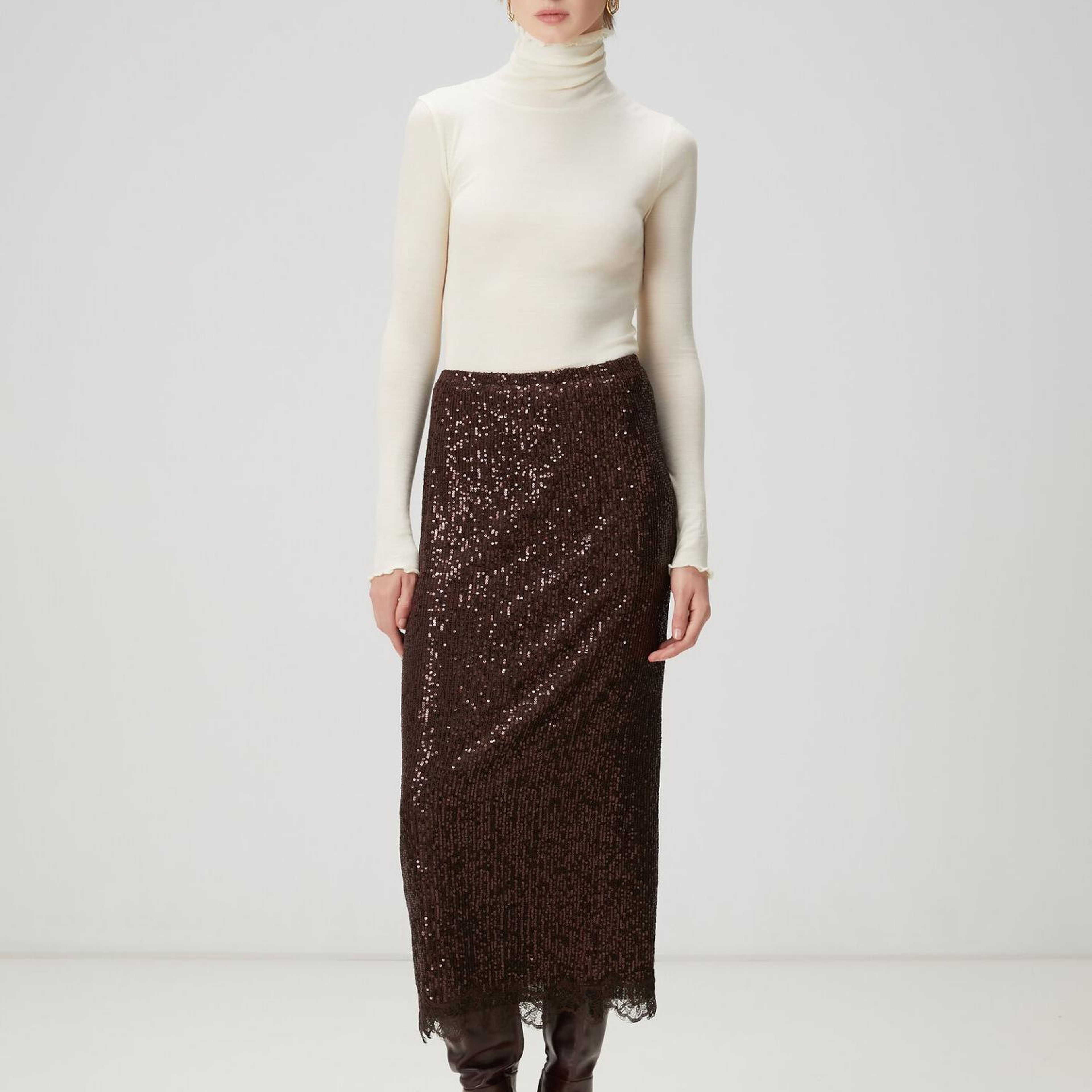 Beymen Club Kadın Kahverengi Pullu Midi Abiye Etek