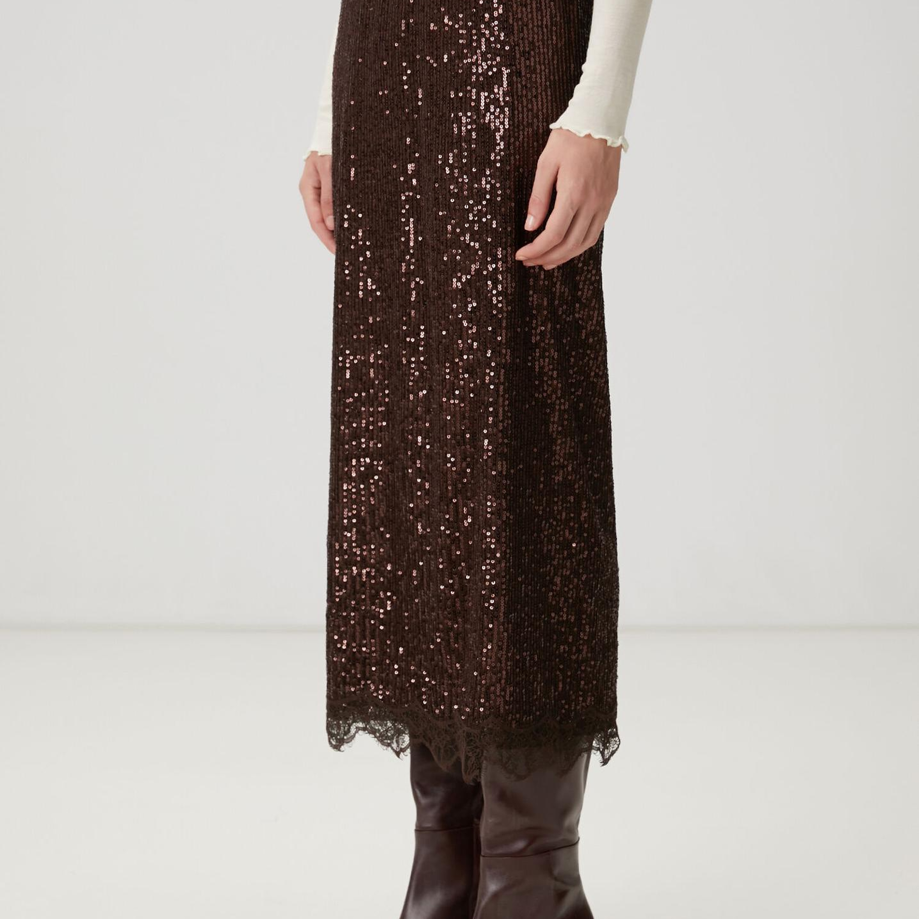 Beymen Club Kadın Kahverengi Pullu Midi Abiye Etek