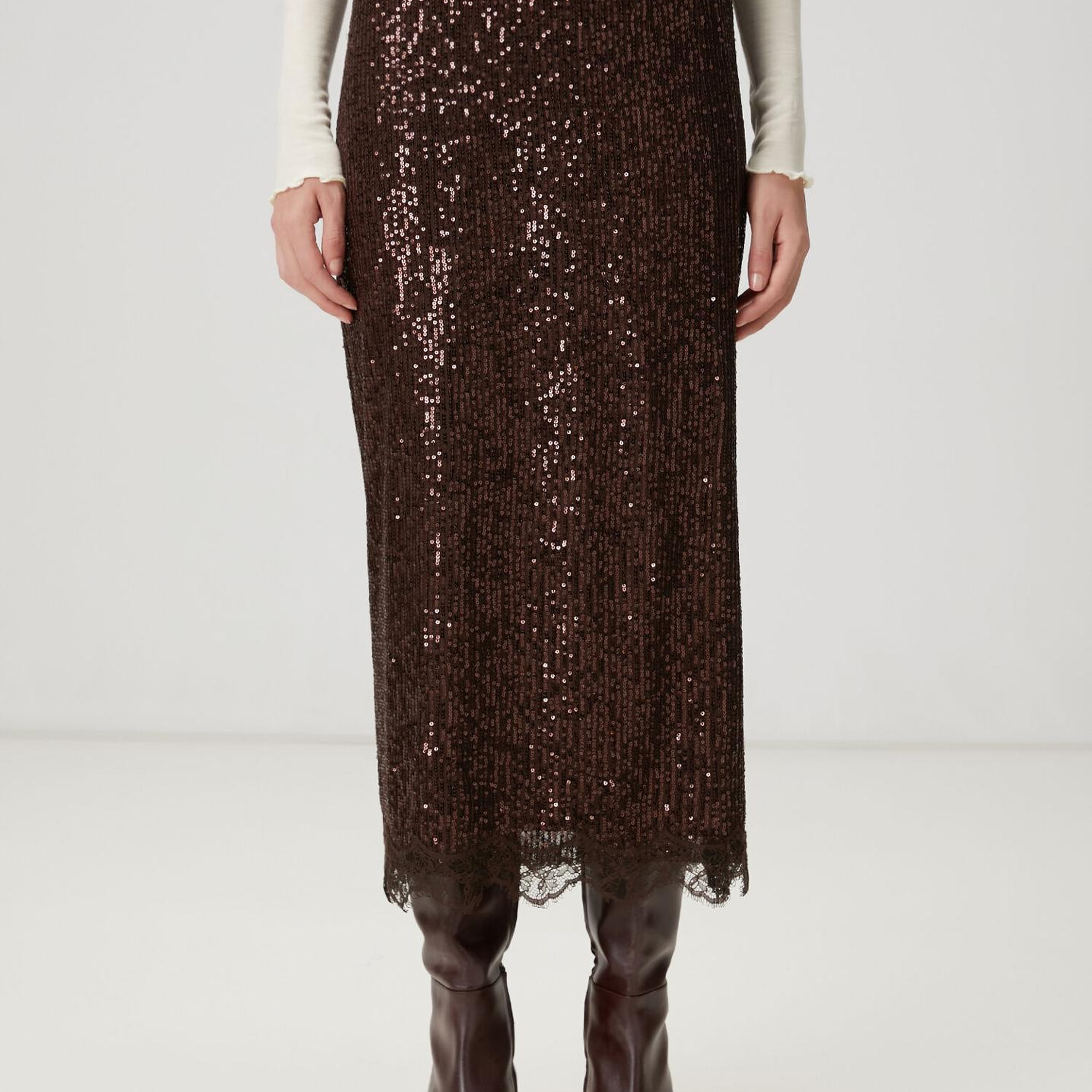 Beymen Club Kadın Kahverengi Pullu Midi Abiye Etek