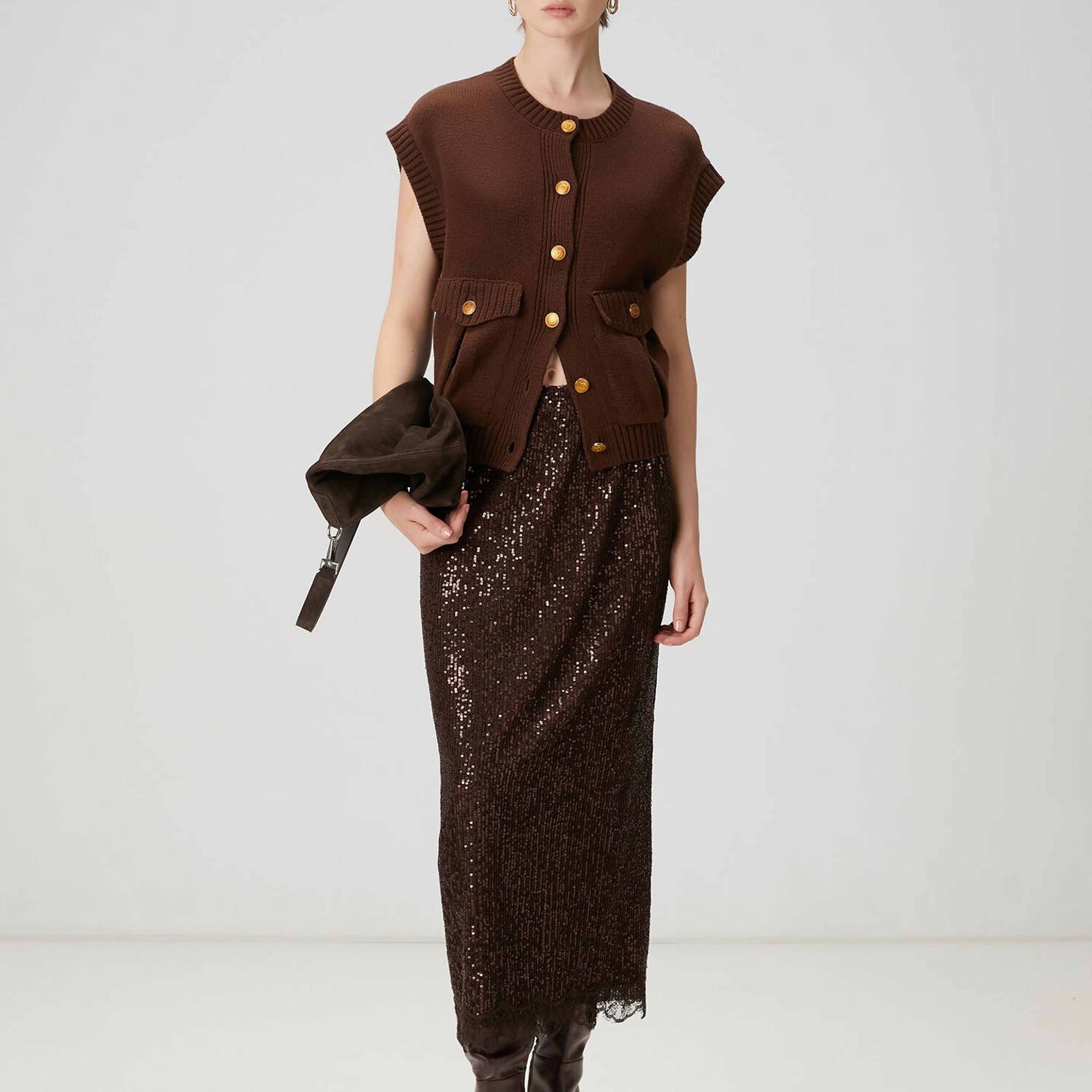 Beymen Club Kadın Kahverengi Pullu Midi Abiye Etek