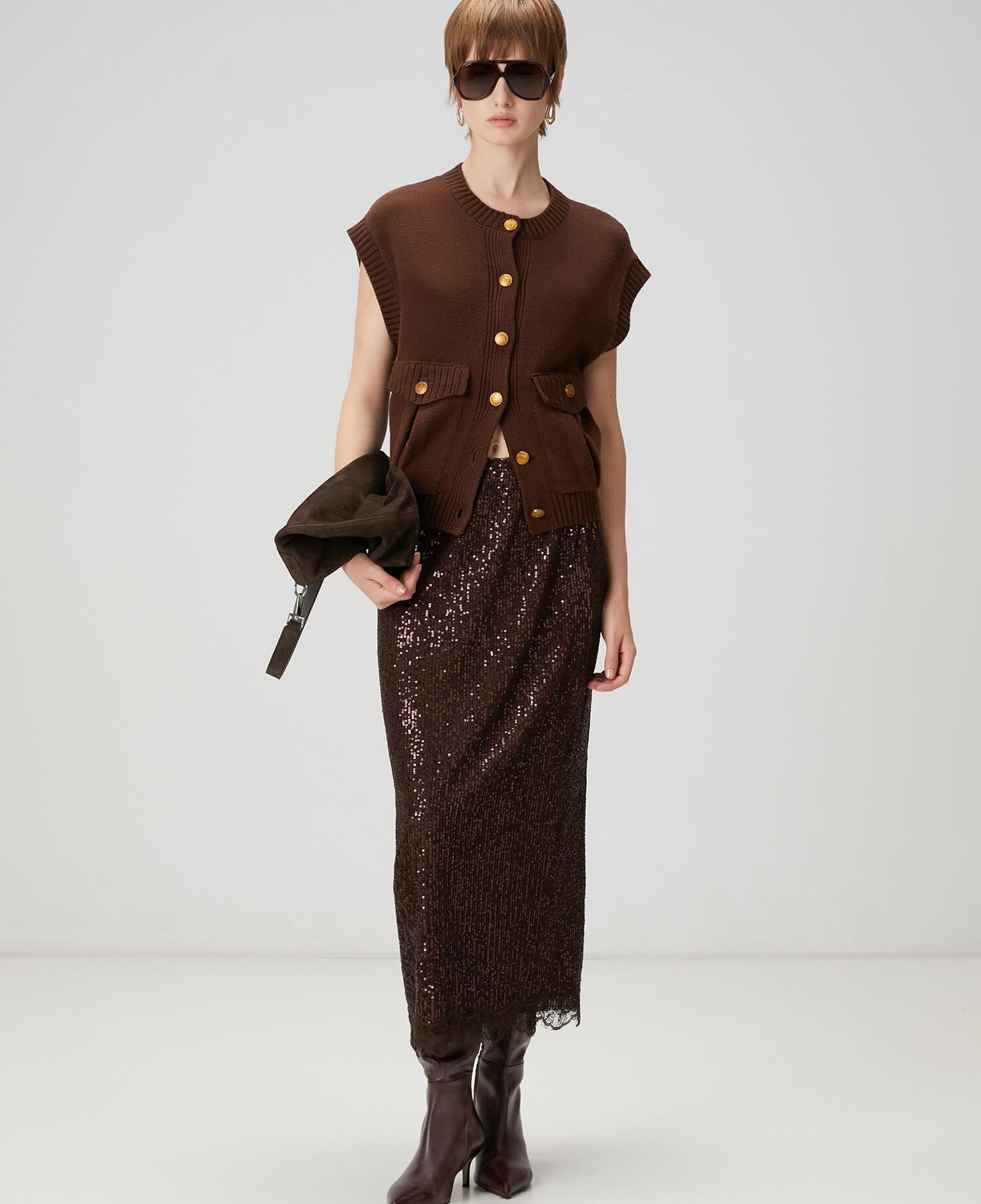 Beymen Club Kadın Kahverengi Pullu Midi Abiye Etek