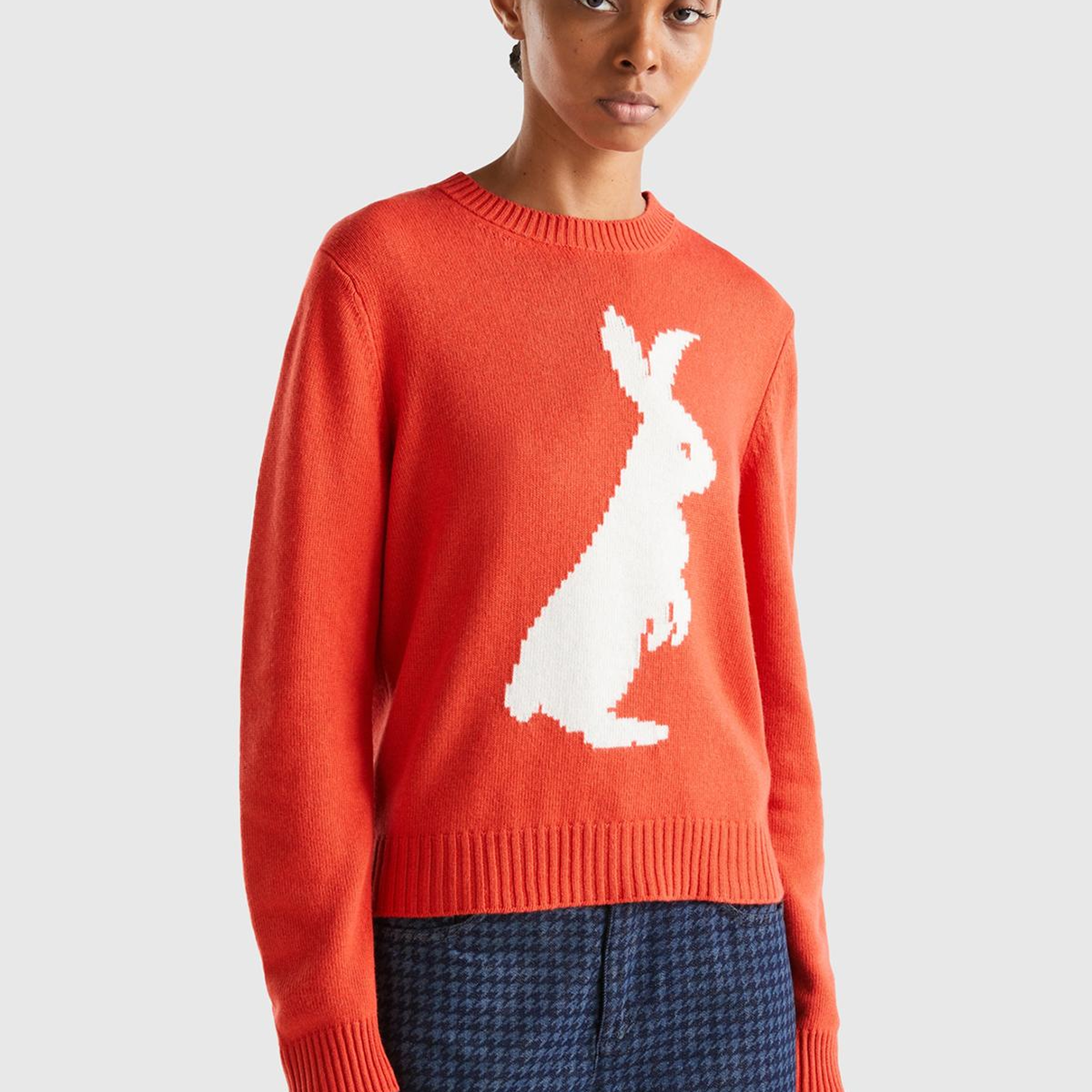 Kadın Kırmızı Kaşmir Karışımlı Tavşan Desenli Kazak