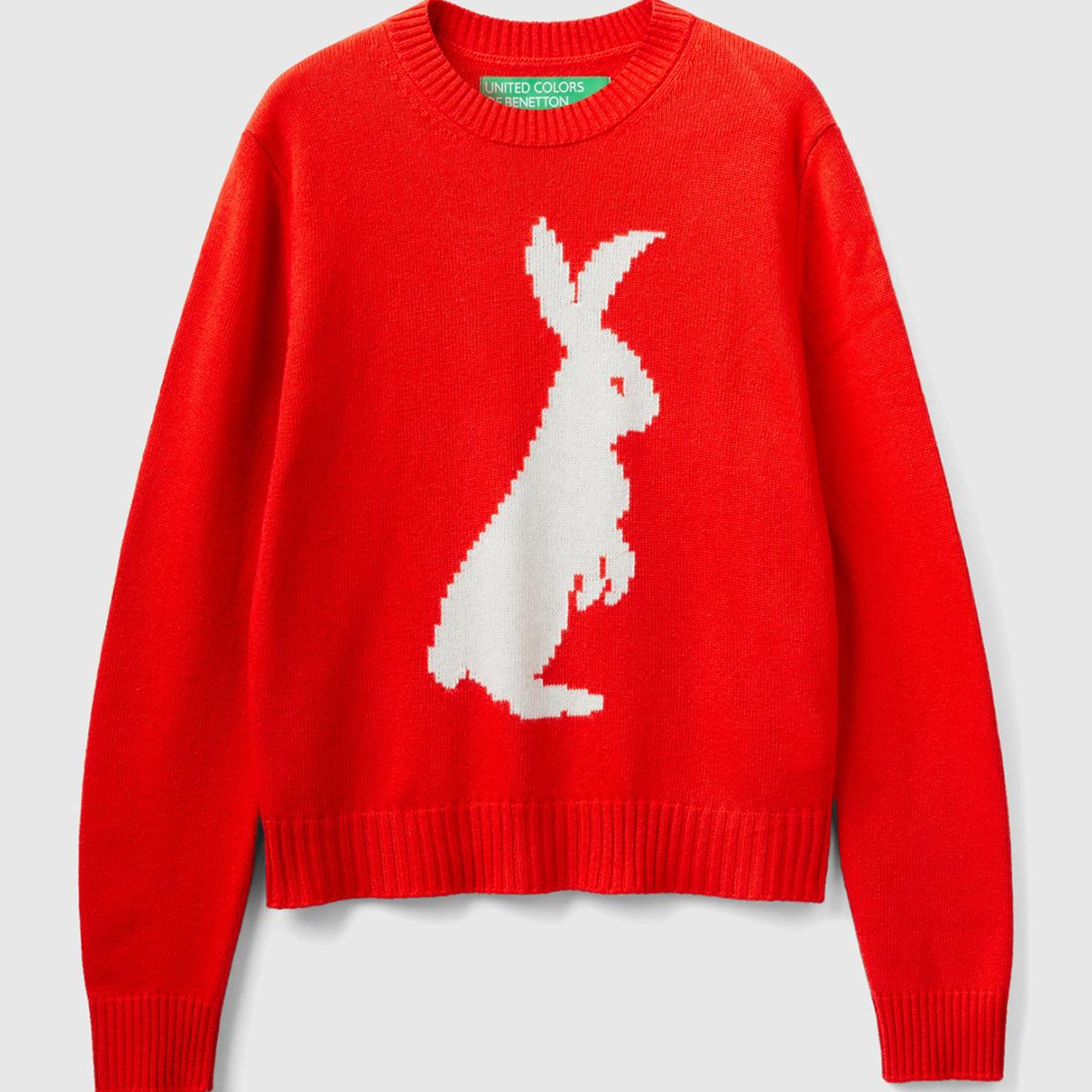 Kadın Kırmızı Kaşmir Karışımlı Tavşan Desenli Kazak