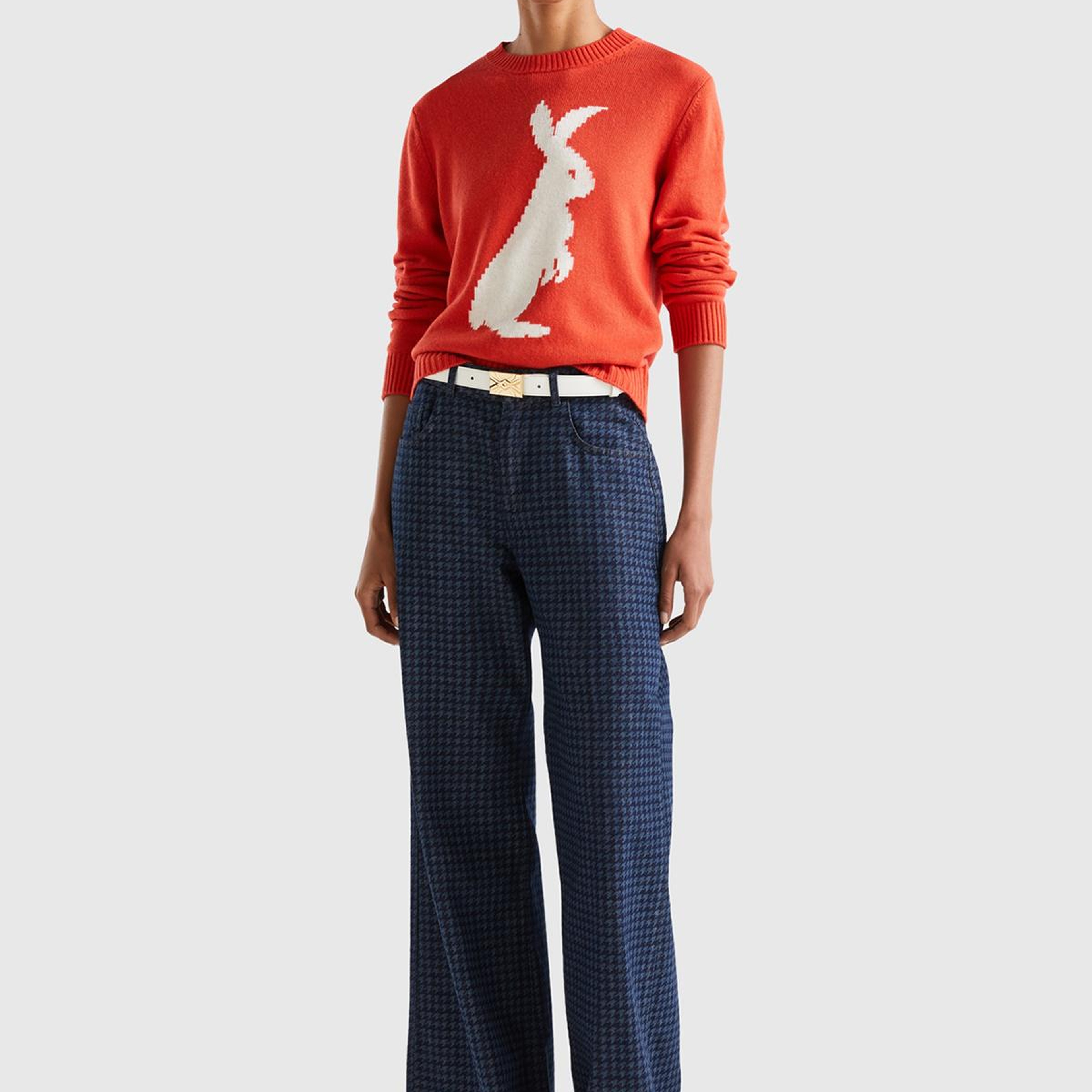 Kadın Kırmızı Kaşmir Karışımlı Tavşan Desenli Kazak