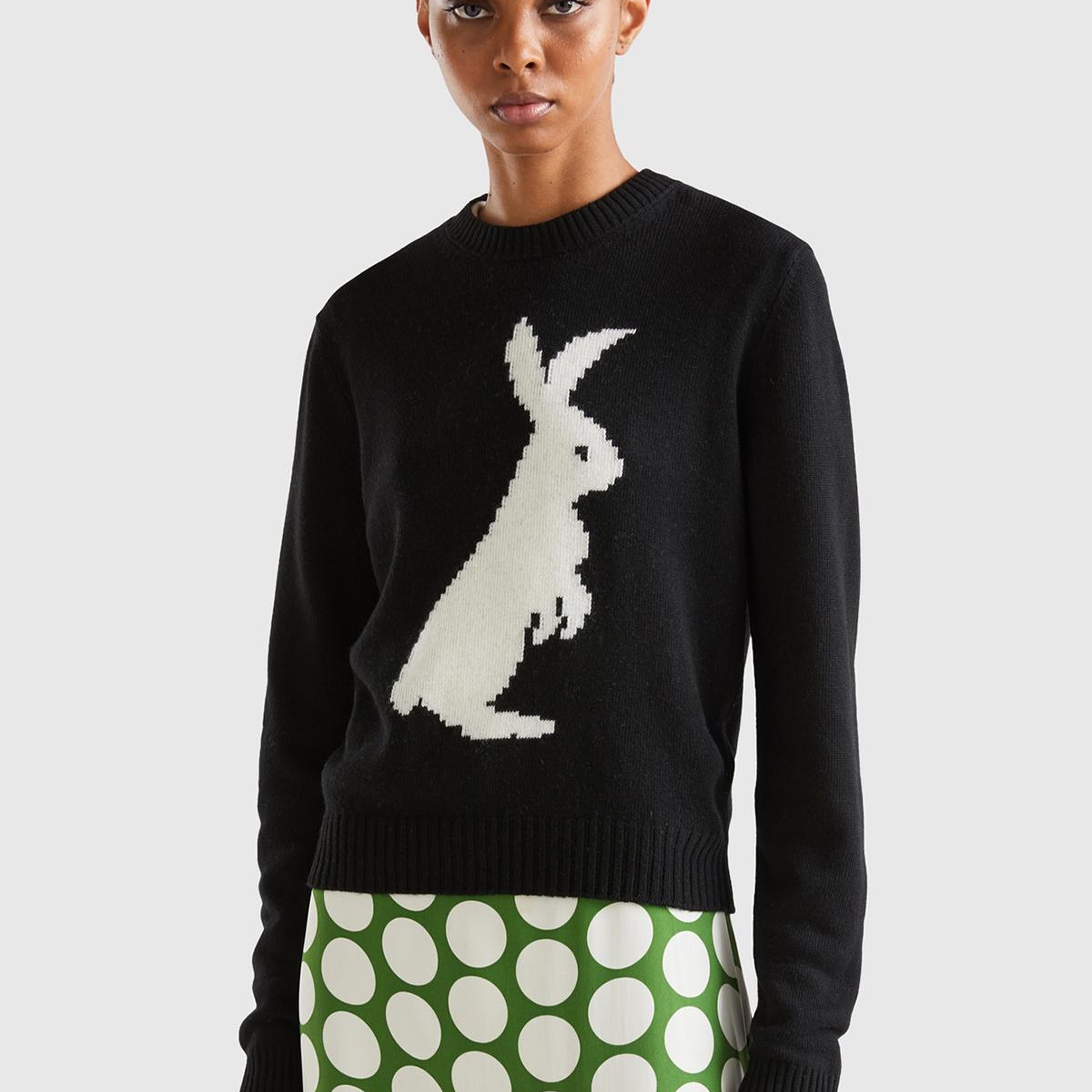 Kadın Siyah Kaşmir Karışımlı Tavşan Desenli Kazak