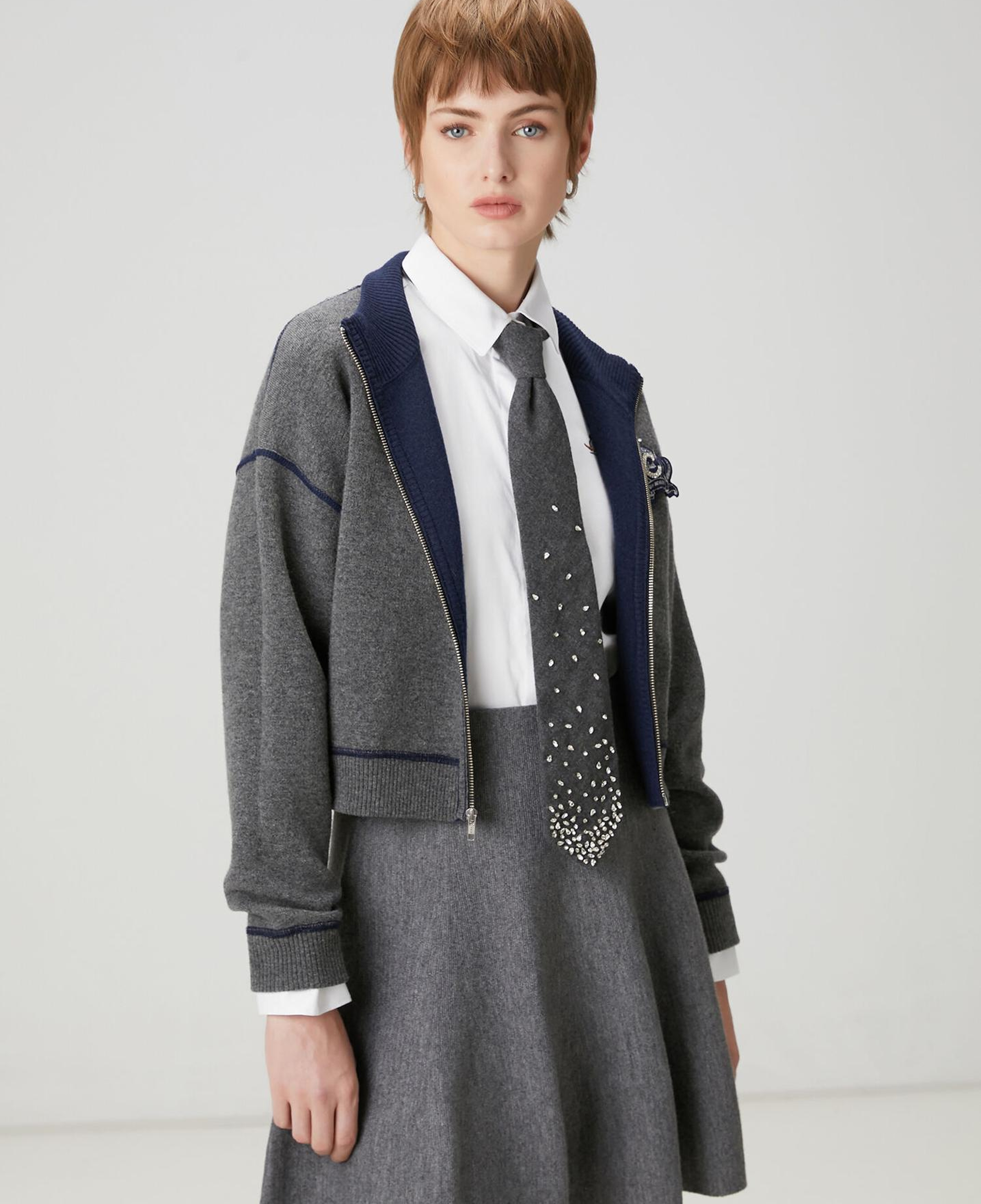 Beymen Club Kadın Gri Lacivert İşlemeli Logolu Hırka