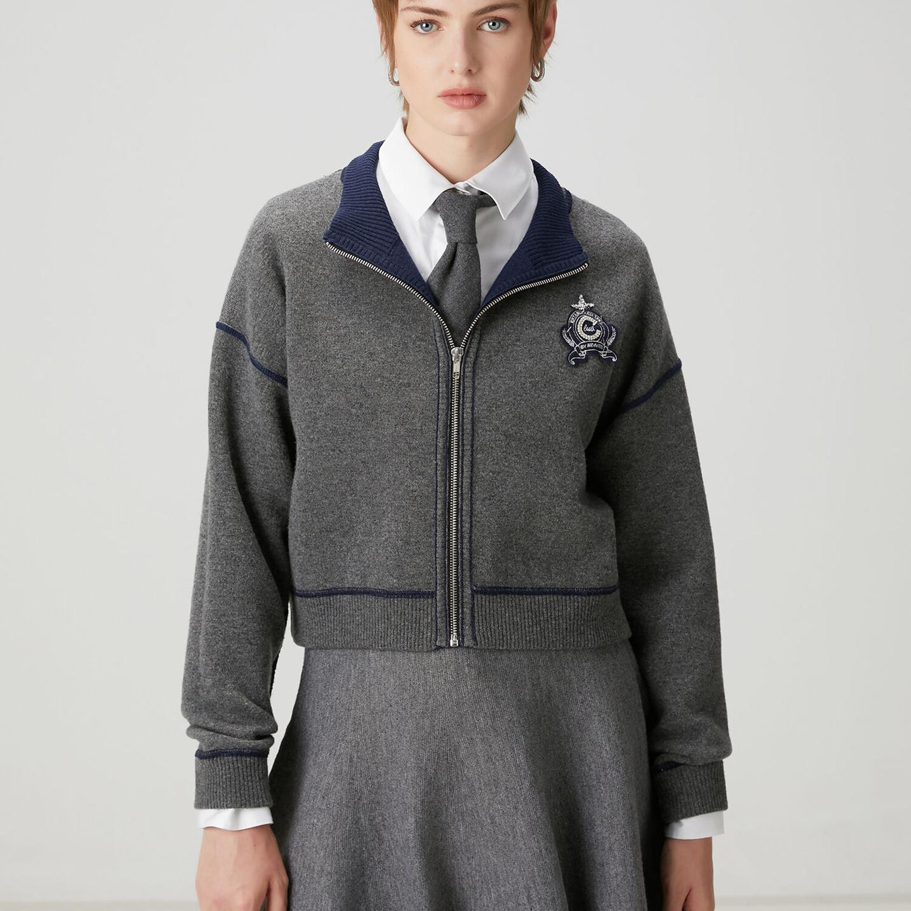 Beymen Club Kadın Gri Lacivert İşlemeli Logolu Hırka