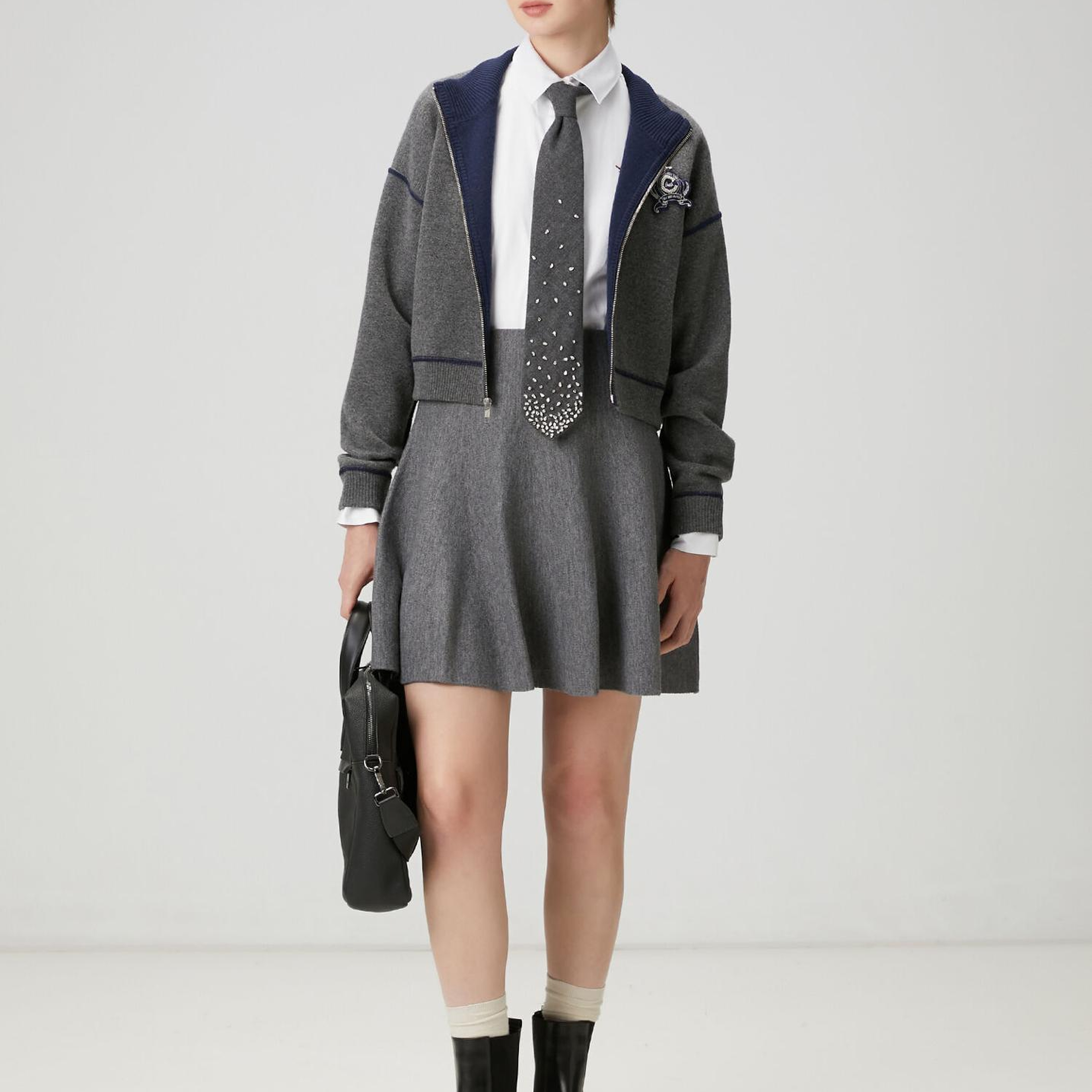 Beymen Club Kadın Gri Lacivert İşlemeli Logolu Hırka