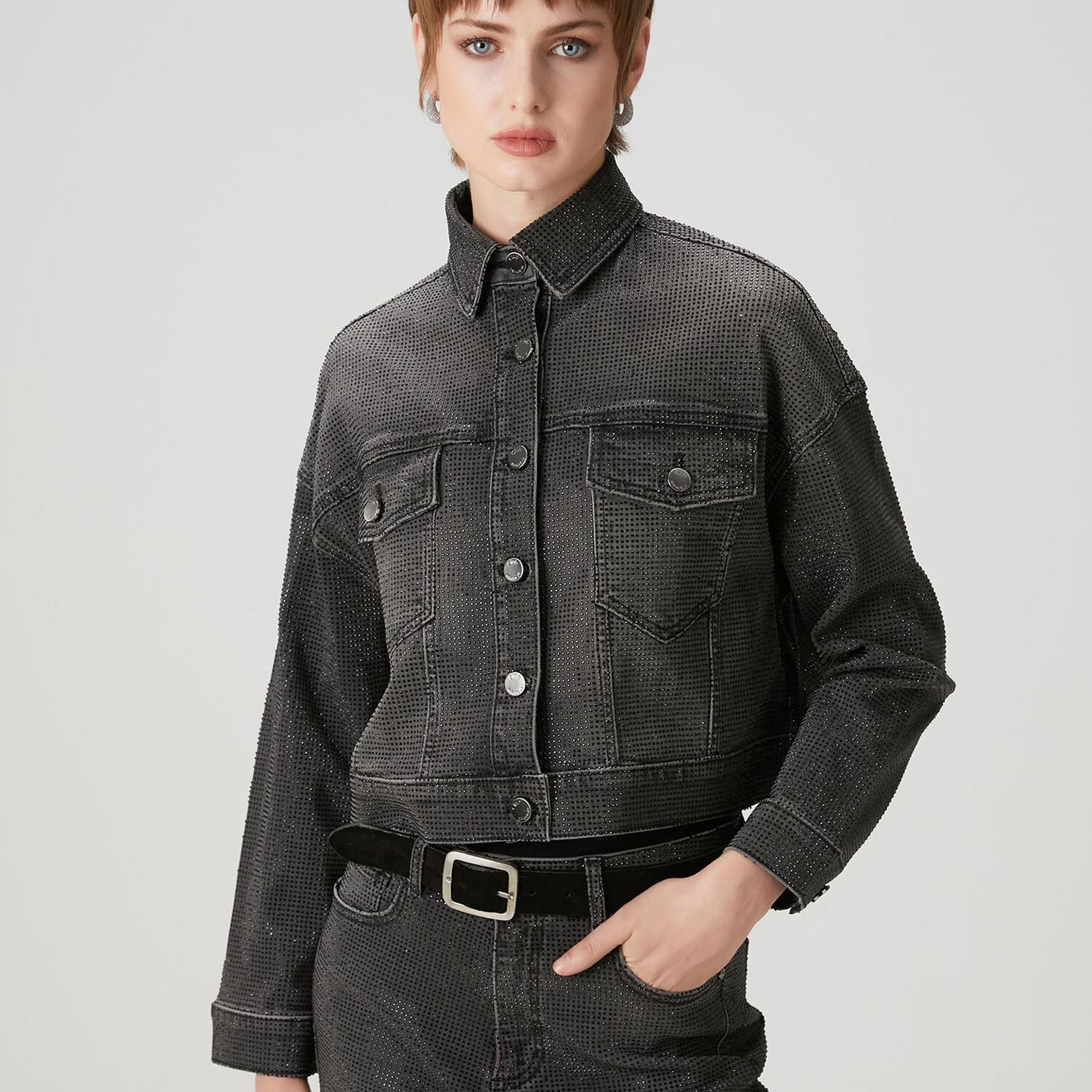 Beymen Club Kadın Koyu Gri Taşlı Denim Ceket