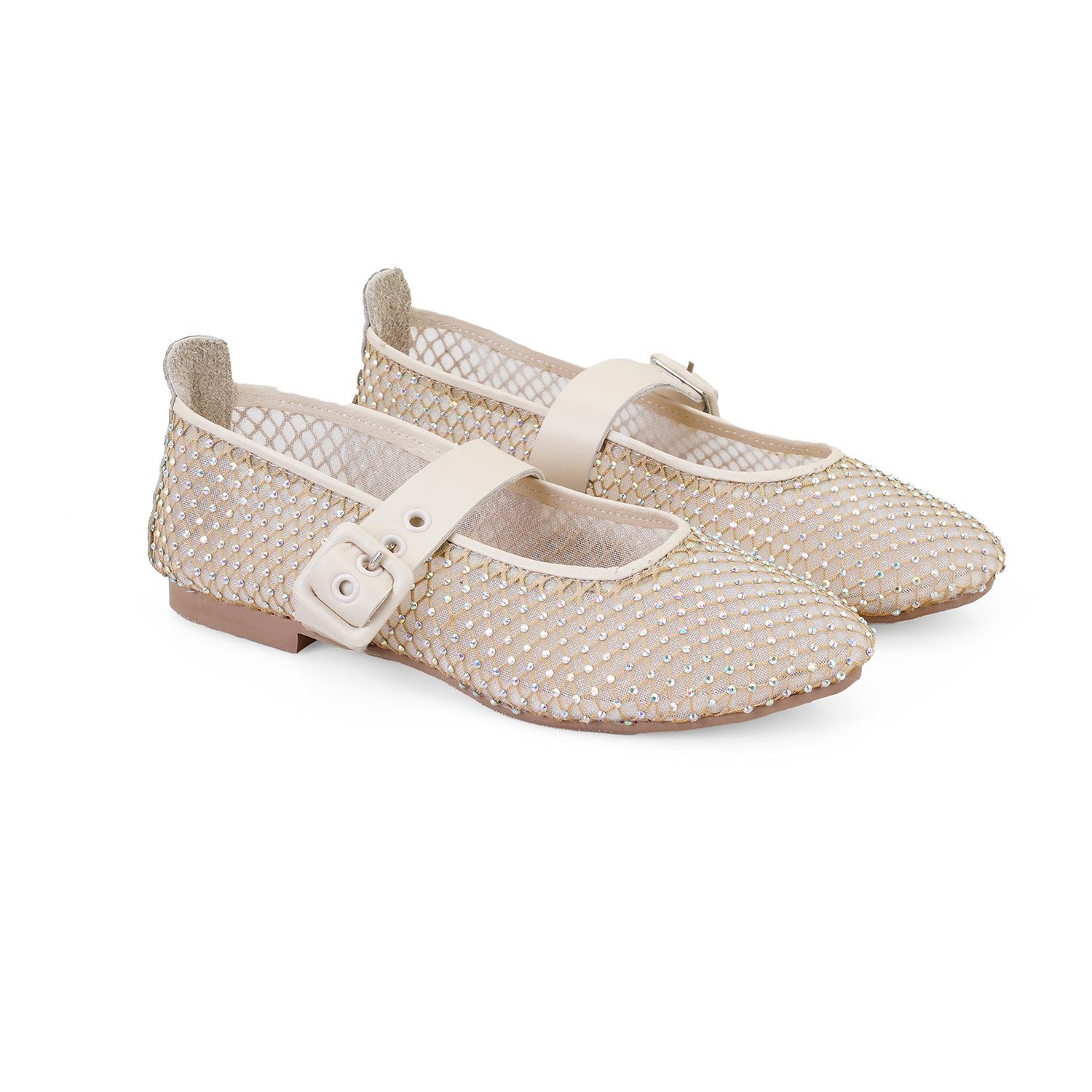 Kadın Bej Parlak Taş Detaylı Babet