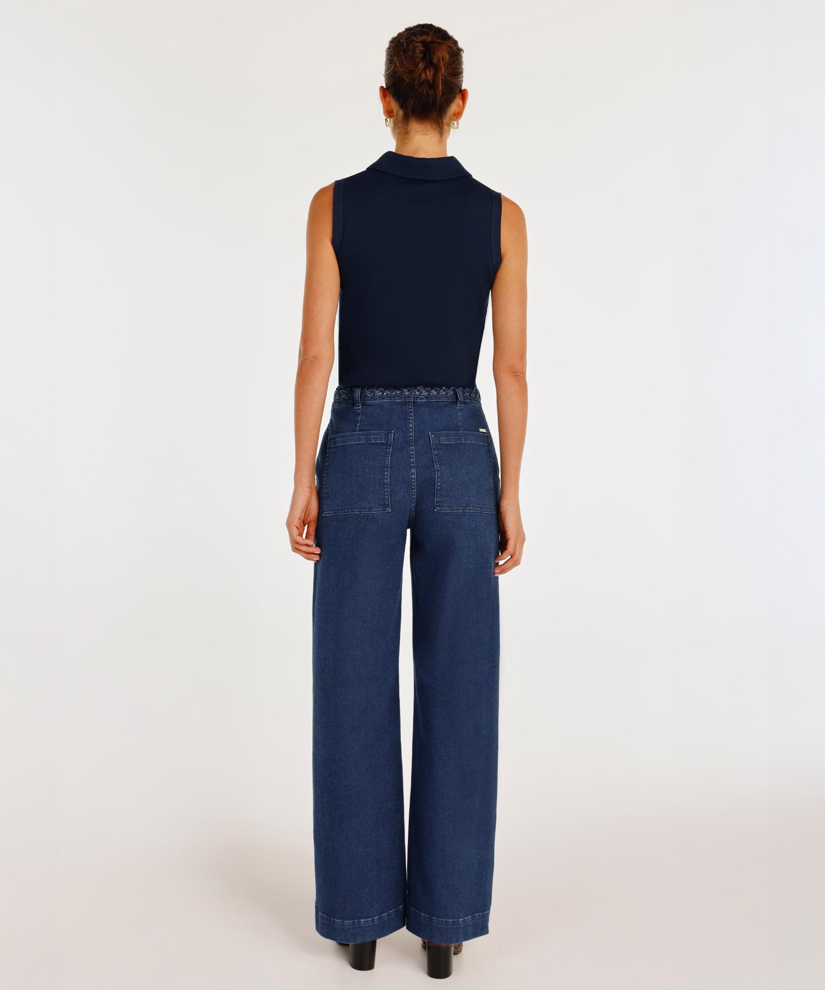 YARGICI Örgü Kemer Detaylı Yüksek Bel Geniş Paça Denim Pantolon