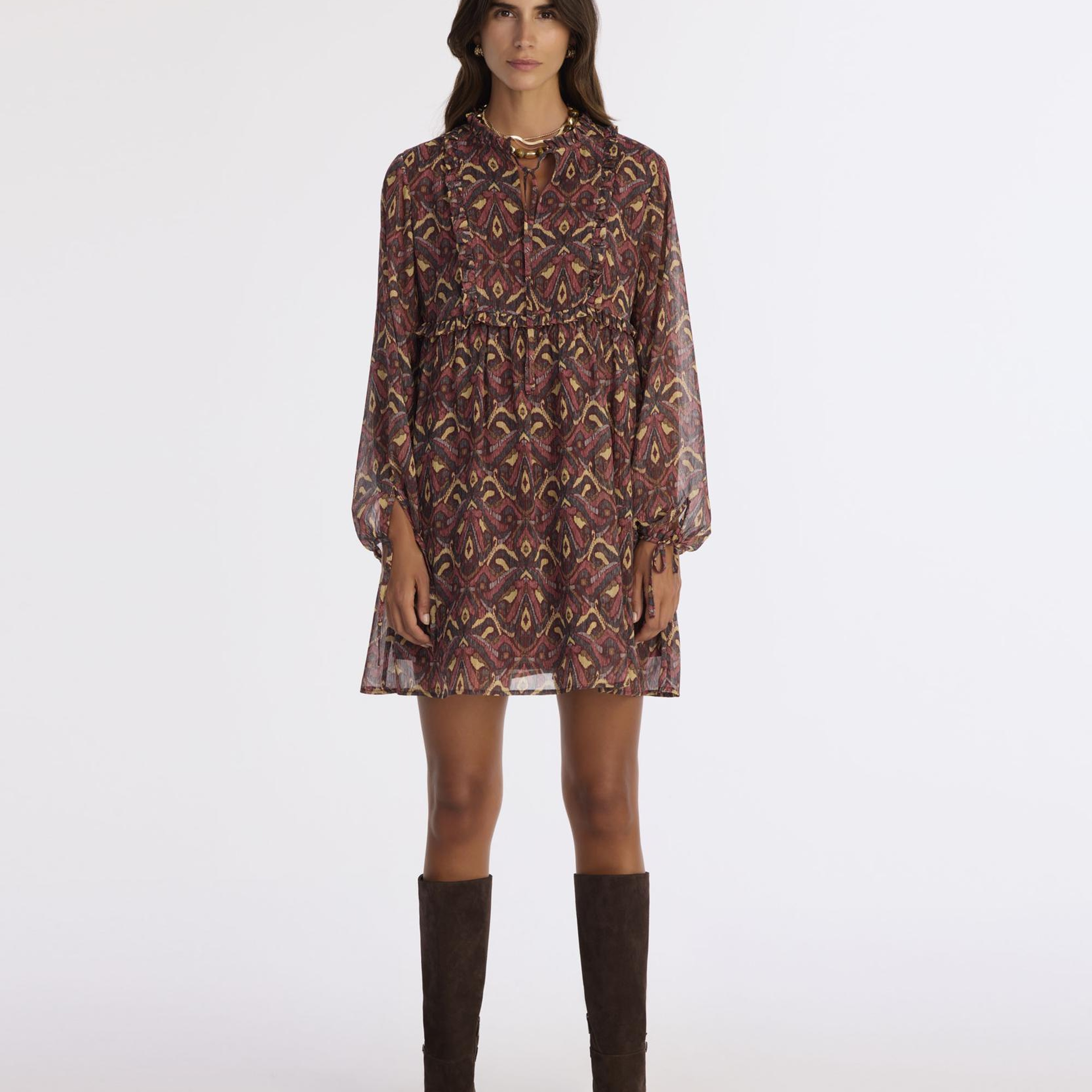 YARGICI Bol Boyundan Bağlamalı Uzun Kol Elbise